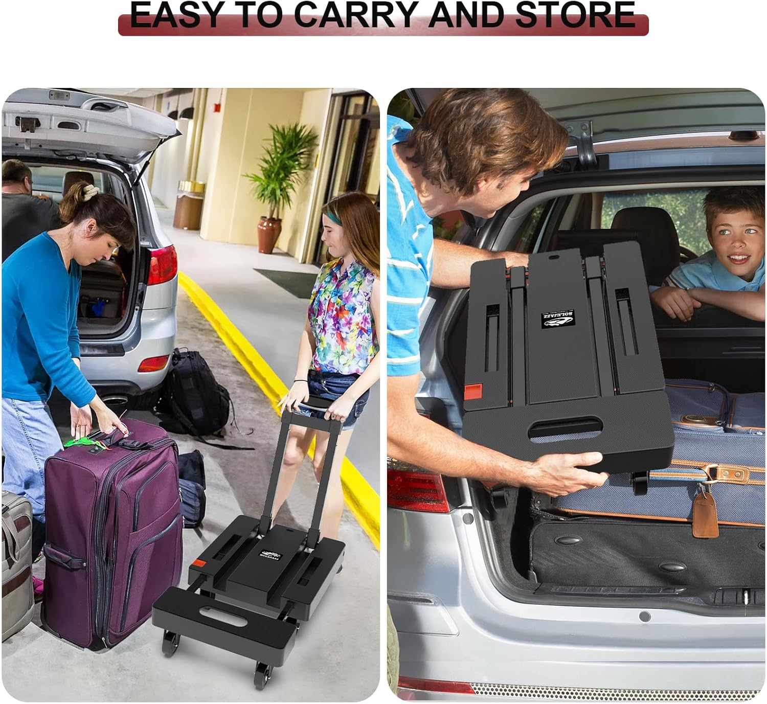 SOLEJAZZ Folding Hand Truck Portable Dolly for Moving, 500LB Luggage Cart Dolly with 6 Wheels & 2 Bungee Cords for Travel, Moving, Shopping Use, Black image number 4