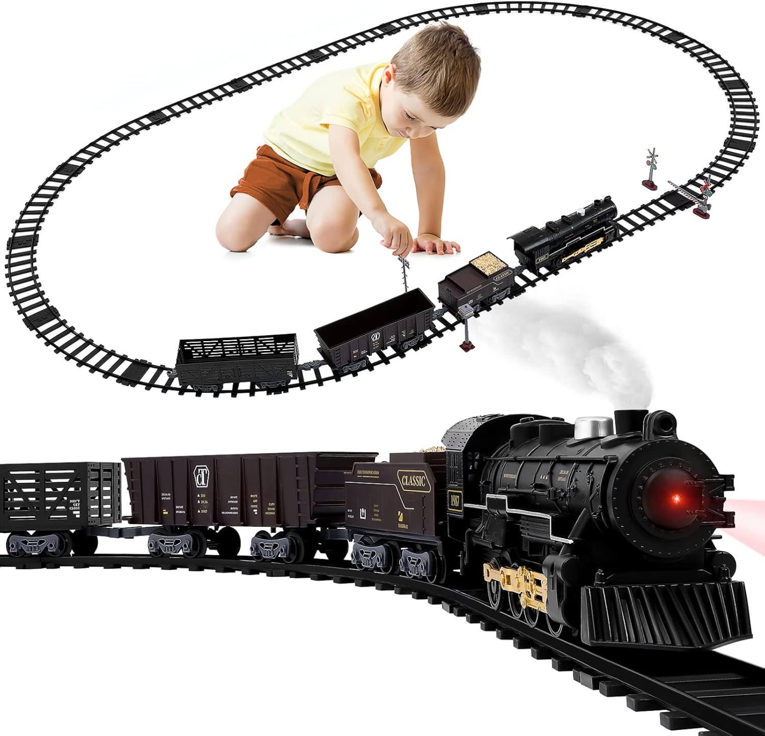 Vaguelly Steam Locomotive Train Set Battery Powered Train Toys Simulation Train Models Electric Train Sets with Smoke for Kids Birthday Party Supplies image number 2