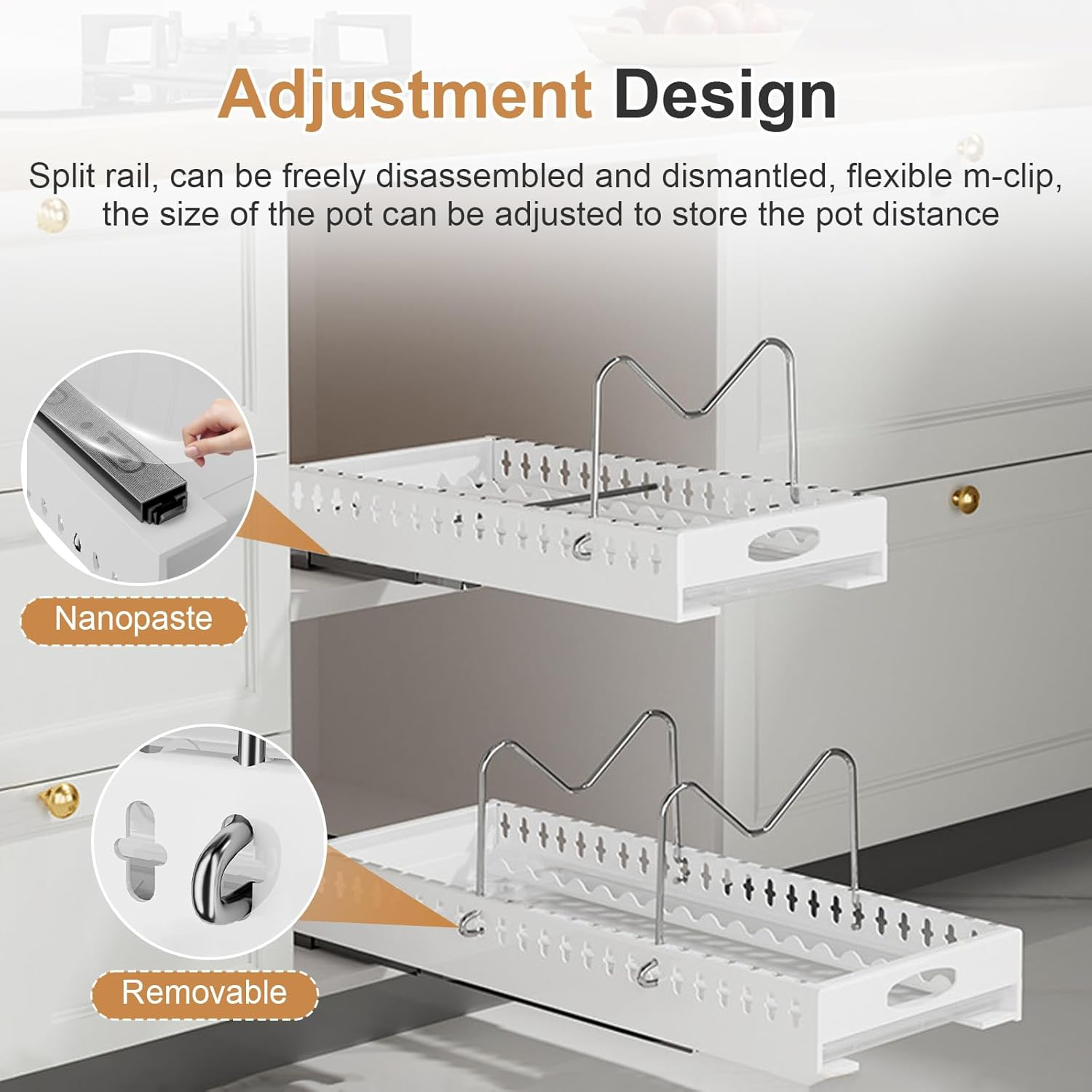 2 Pack Pots and Pans Organizer under Cabinet, Pull-Out Pots and Pans Organizer, under Cabinet Pot Lid Holder, Adhesive Sliding Type Pots and Pans Storage with 9 Adjustable Dividers (White) - White image number 2
