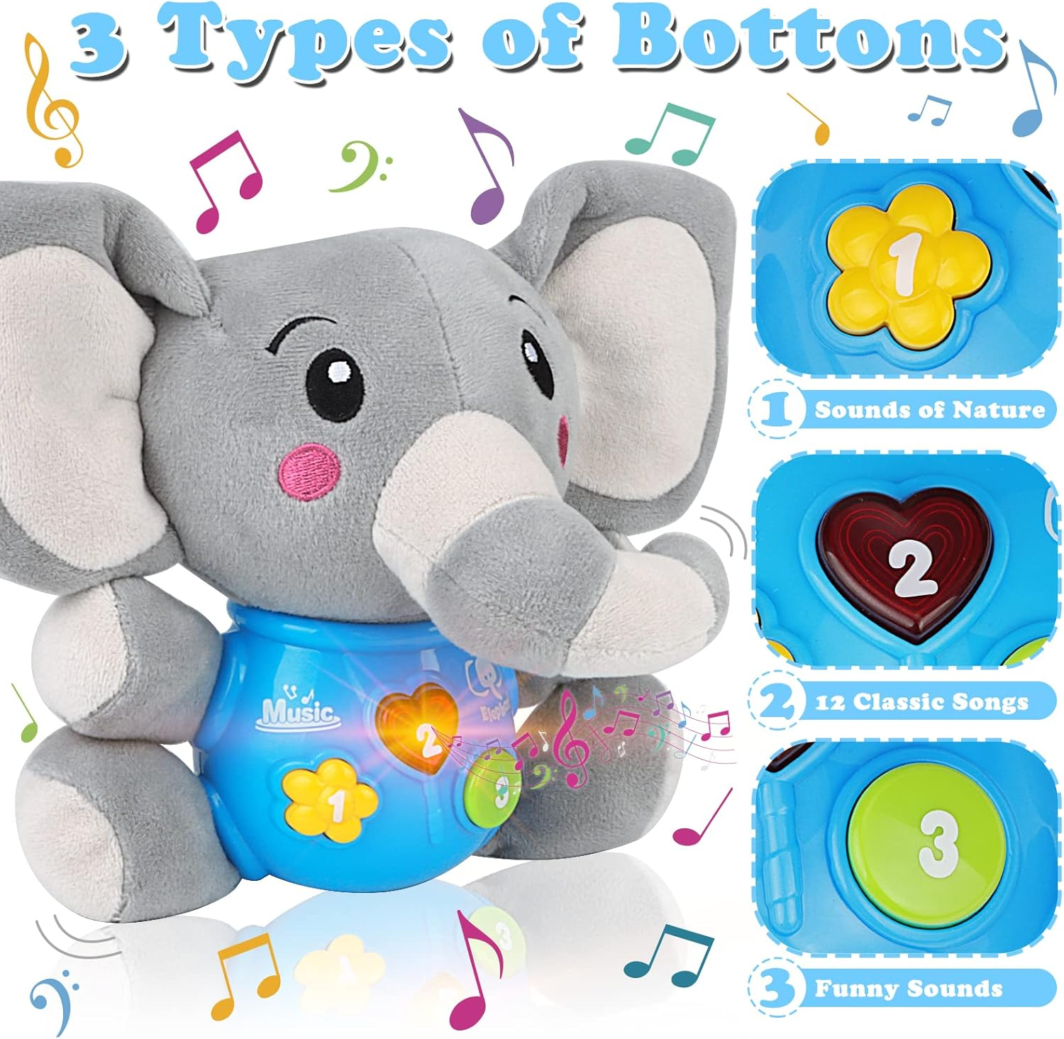 Plush Musical Baby Toys, Cute Elephant Stuffed Animal Infants Toys for 3-6-12 Months Boys & Girls & 0-6 Months Baby Stuff, Newborn Boys Gift,Infant Light Music Time,Baby Music Toys