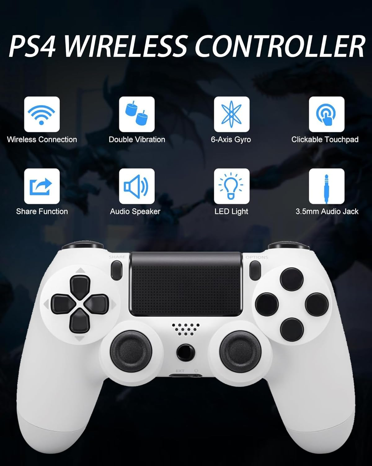 Wireless Controller for Ps-4,Compatible with P-S4/Pro/Slim/Pc Bluetooth Controller,Dual Vibration,Touch Panel, 3.5Mm Audio Jack,Six-Axis Joystick(White) image number 4