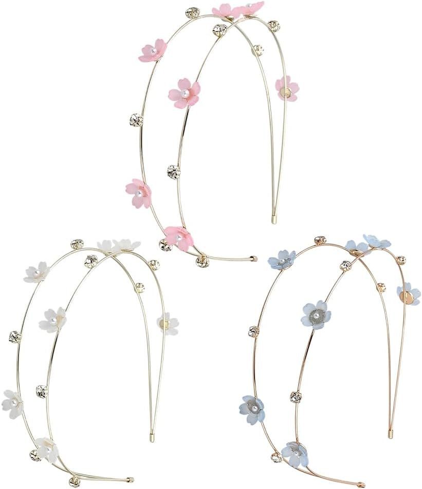 GOMAKERER Pack of 3 Hair Bands with Flowers Rhinestones, 3 Colours, Double-Layer Hair Bands, Simple Thin Metal Hair Band, Hair Band, Hair Accessories for Women, Birthday Gift Decoration image number 1