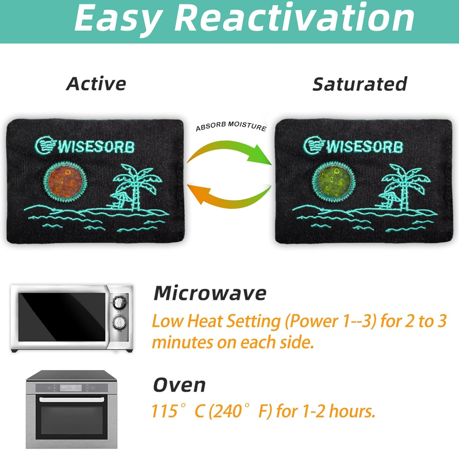 Wisesorb 100G X 5Pcs Rechargeable Desiccant Packs for Storage, Color Indicating Silica Gel Packets Moisture Absorbers with Transparent Window, Reusable Dehumidifier Bags for Gun Safe Closet Basement image number 6