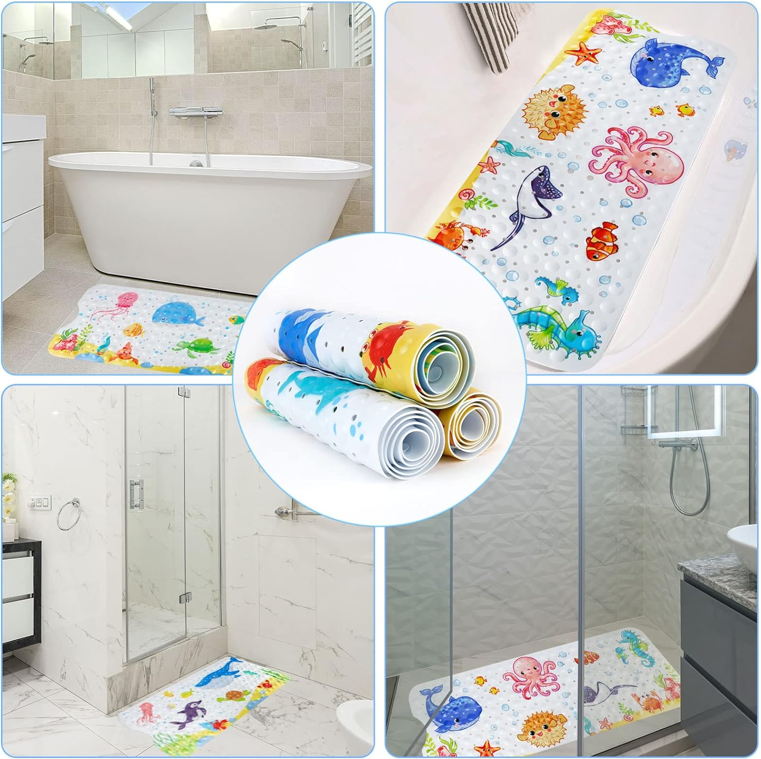 Shower Mat Bathtub Mat Non Slip, Extra Long Bath Mat for Tub with Drain Holes and Suction Cups, Machine Washable Wet Floor Non-Slip Elderly Kids Pregnant Women Bathroom 39 X 15 Inches (Blue Whale) image number 3