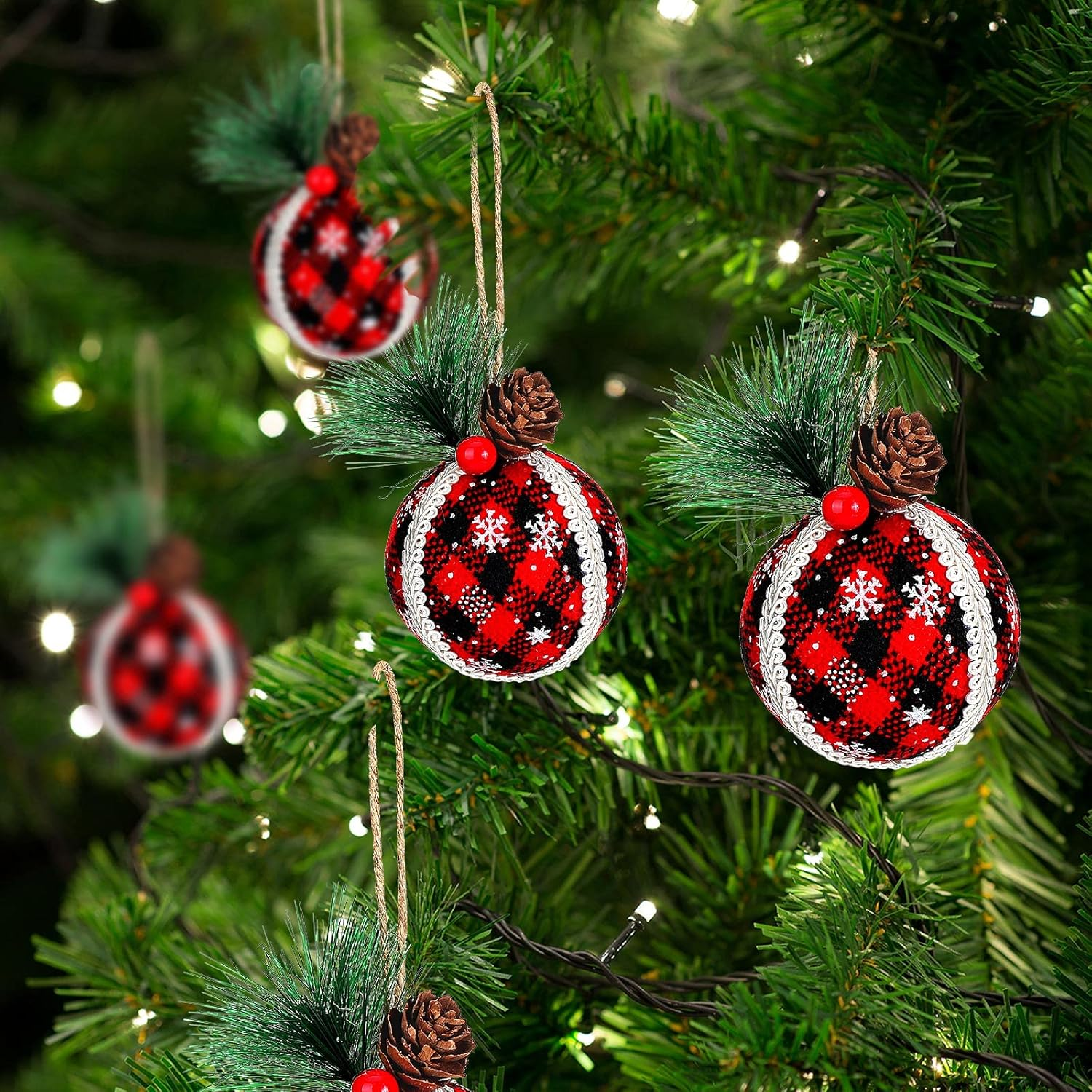 12 Pieces Christmas Buffalo Plaid Ball Ornaments Plaid Burlap Ornament Foam Christmas Ball Ornaments Christmas Hanging Indoor Ornaments for Christmas Party Anniversary Decorations image number 4