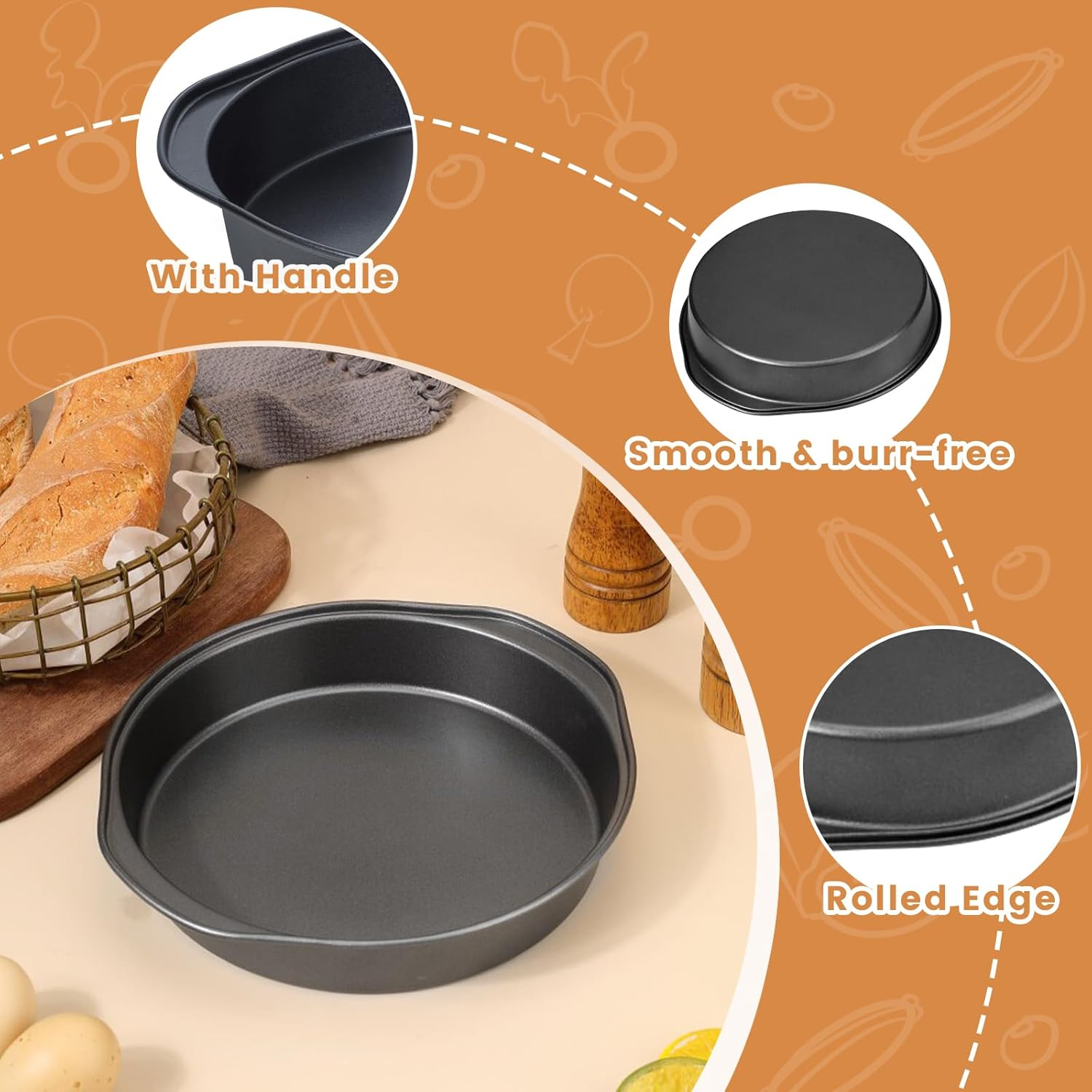 BEWOS 8 Inch round Cake Tin Set of 3 - Heavy Duty Carbon Steel Cake Pan with Handles, Non-Stick, Oven & Dishwasher Safe, Includes 100 Parchment Papers for Easy Release