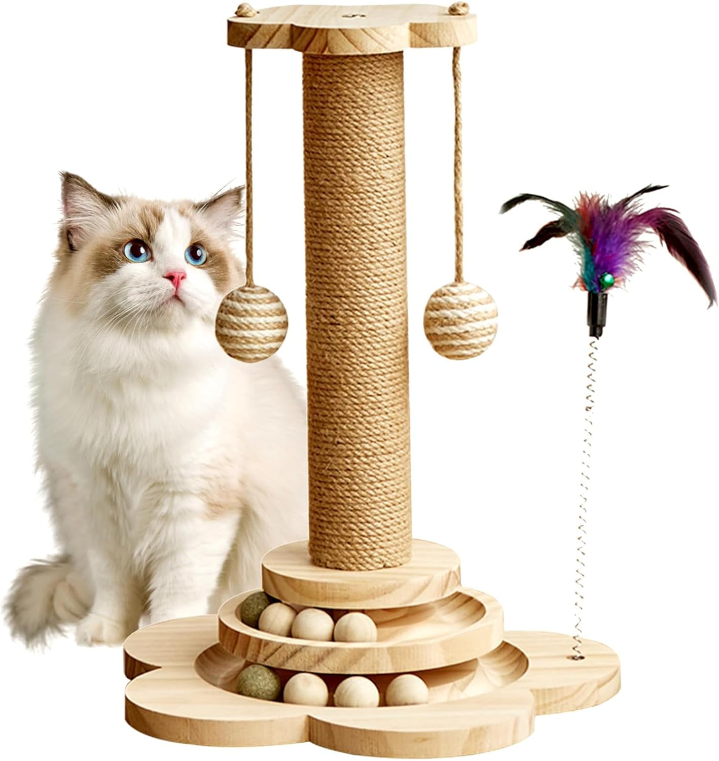 Multi-Functional Cat Scratching Post: 4-In-1 Wooden Cat Scratcher Toy, 45Cm Tall with Track Balls, Feather Toy, and Sisal Hanging Balls for Indoor Kittens and Adult Cats