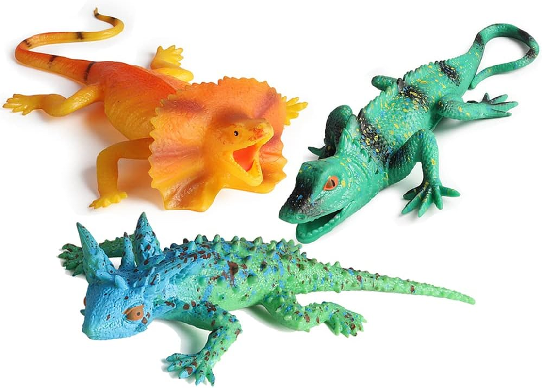 RCOMG 3PCS Realistic Lizard Toys, TPR Smelless Super Stretches, Stress Relief Squishy Rubber Animal Figures for Bath Pool Toy, Party Favor, Cake Topper