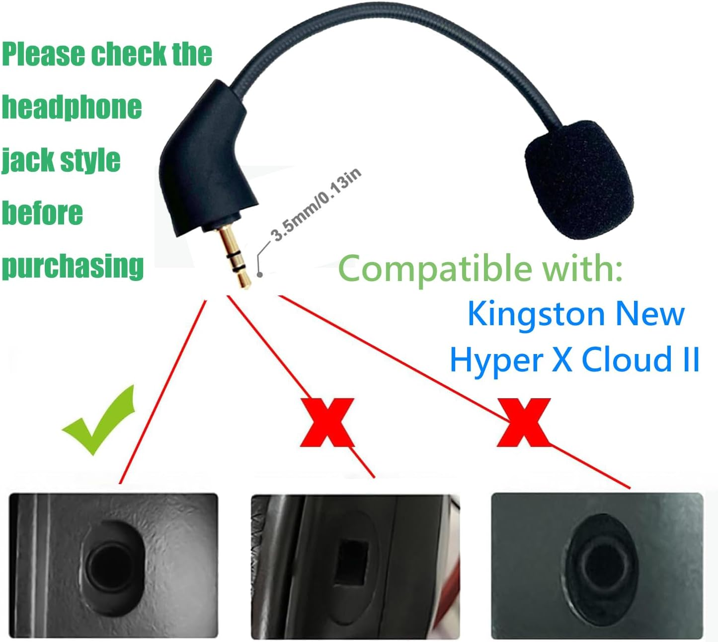 3.5Mm Replacement Microphone, Detachable Microphone Compatible with New Hyper X Cloud II Kingston Hurricane 2 Gaming Headset, Noise Cancelling Replacement Mic, Black Bendable Microphone Arm image number 5