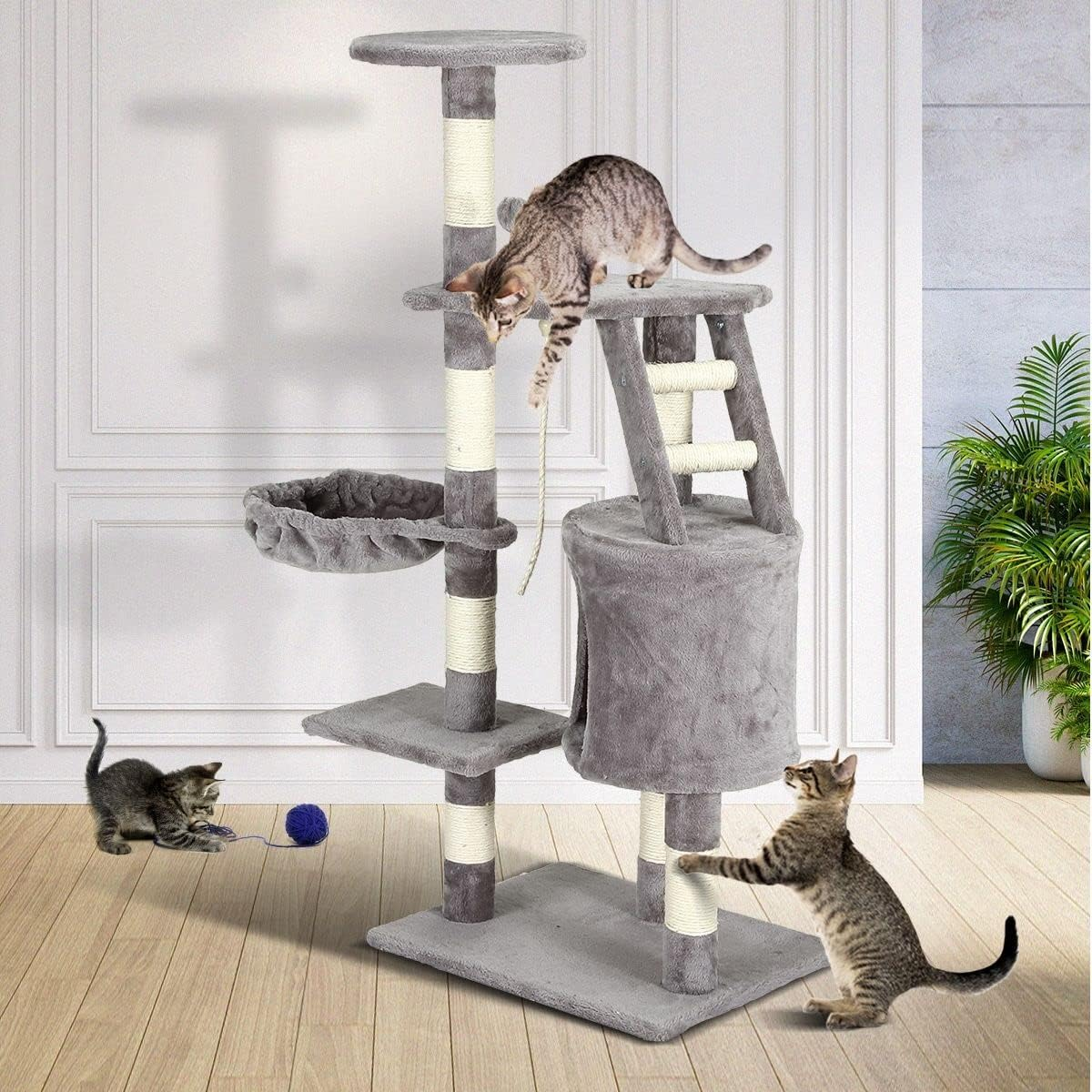 118Cm Plush Cat Scratching Post Climbing Tree Condo Play Center for Activity with Perches Dangling Rope Toys image number 3