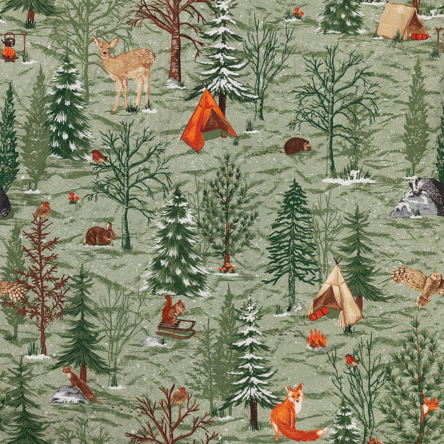 Furn. Lodge Wood Duvet Cover Set 100% Brushed Cotton Reversible &ndash; Warm Cosy Bedding (Oak Green &ndash; Single)