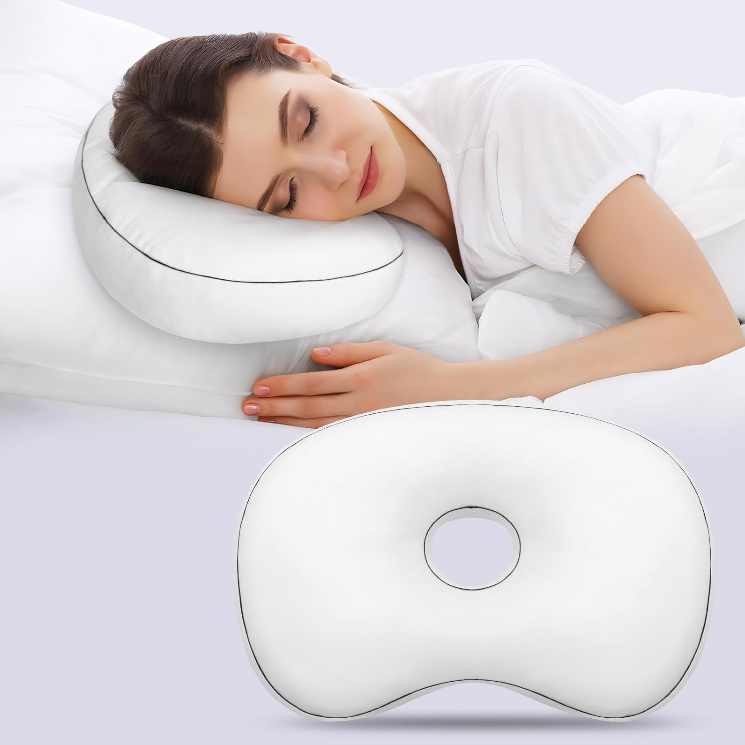 Nockovi Piercing Pillow for Side Sleepers with Ear Hole, 12X18Inch White Velvet Mini Orthopedic Support Pillow for Ear Pain Relief image number 6