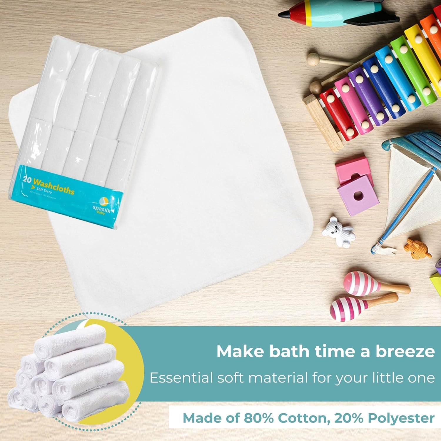 Spasilk Washcloth Wipes Set for Newborn Boys and Girls, Soft Terry Washcloth Set, Pack of 20, White