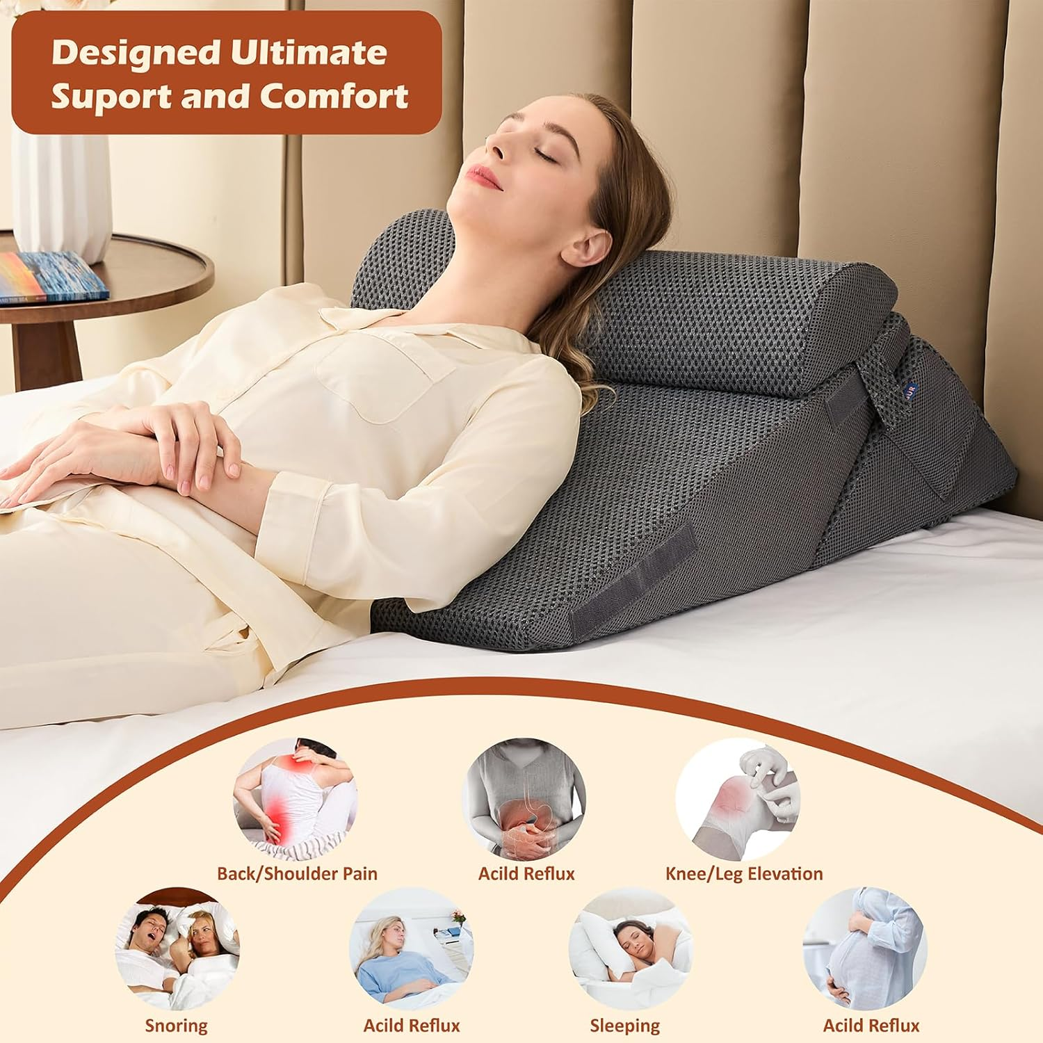Orthopedic Bed Wedge Pillow Set, Foam Wedge Pillow Post Surgery for Back, Leg and Knee Support, Adjustable Triangle Pillow for Sleeping, Acid Reflux, Snoring,Reading (Charcoal Jacquard, 3 PCS Set) image number 5