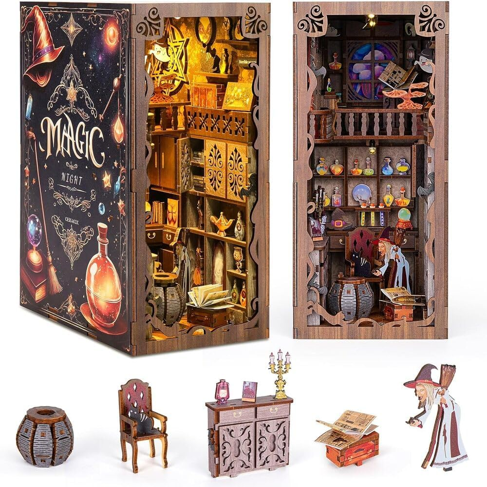 Book Nook Kit, DIY Miniature, Dollhouse Booknook Kit with Led Light, 3D Wooden Bookshelf Puzzle Decor Gifts for Family and Friends (Magic Night) image number 3