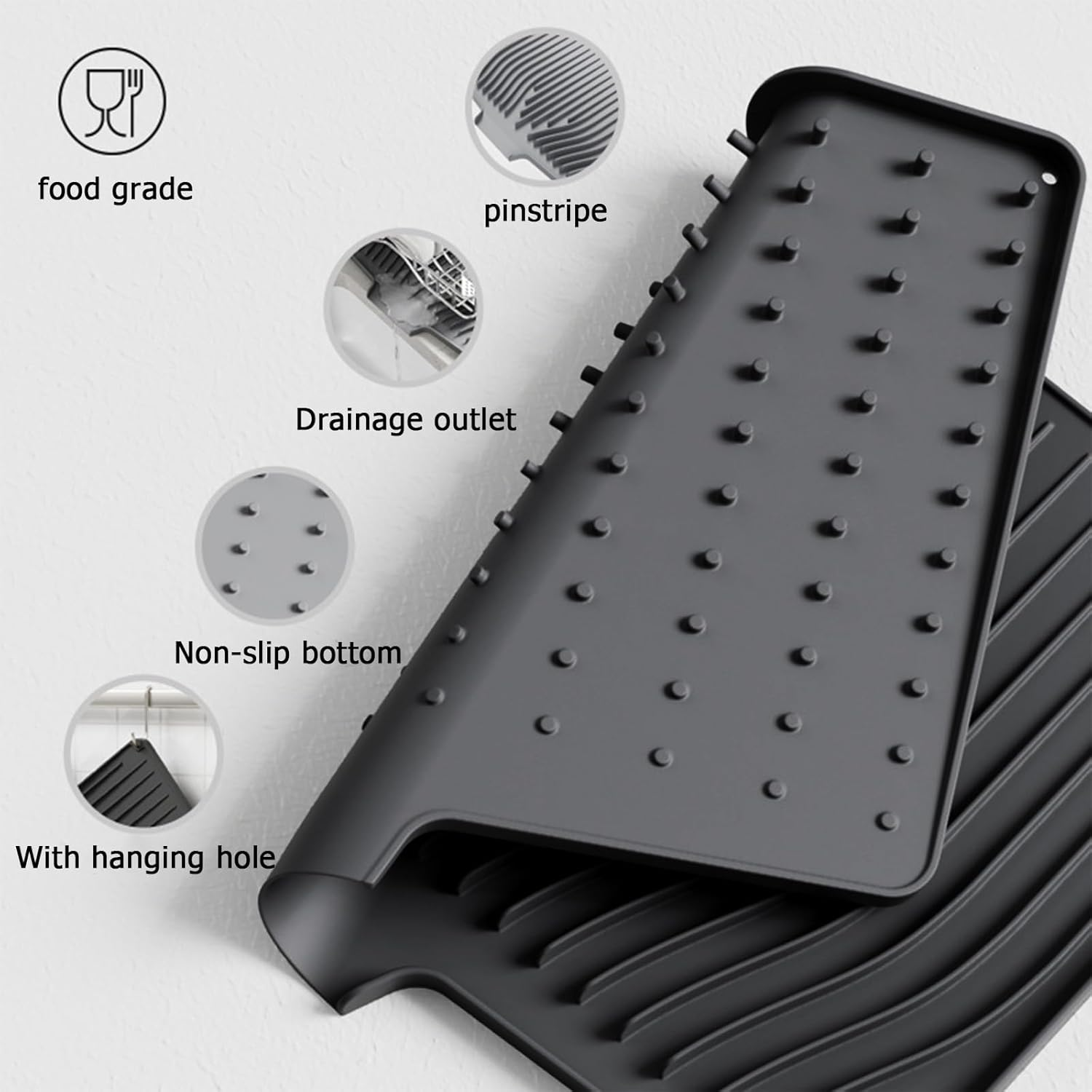 Silicone Dish Drainer Mat, Silicone Dish Drying Mat for Kitchen Counter, Multifunctional and Foldable Sloped Draining Mat, Heat-Proof & Non-Slip Drain Pad with Built-In Drain (Black) image number 3