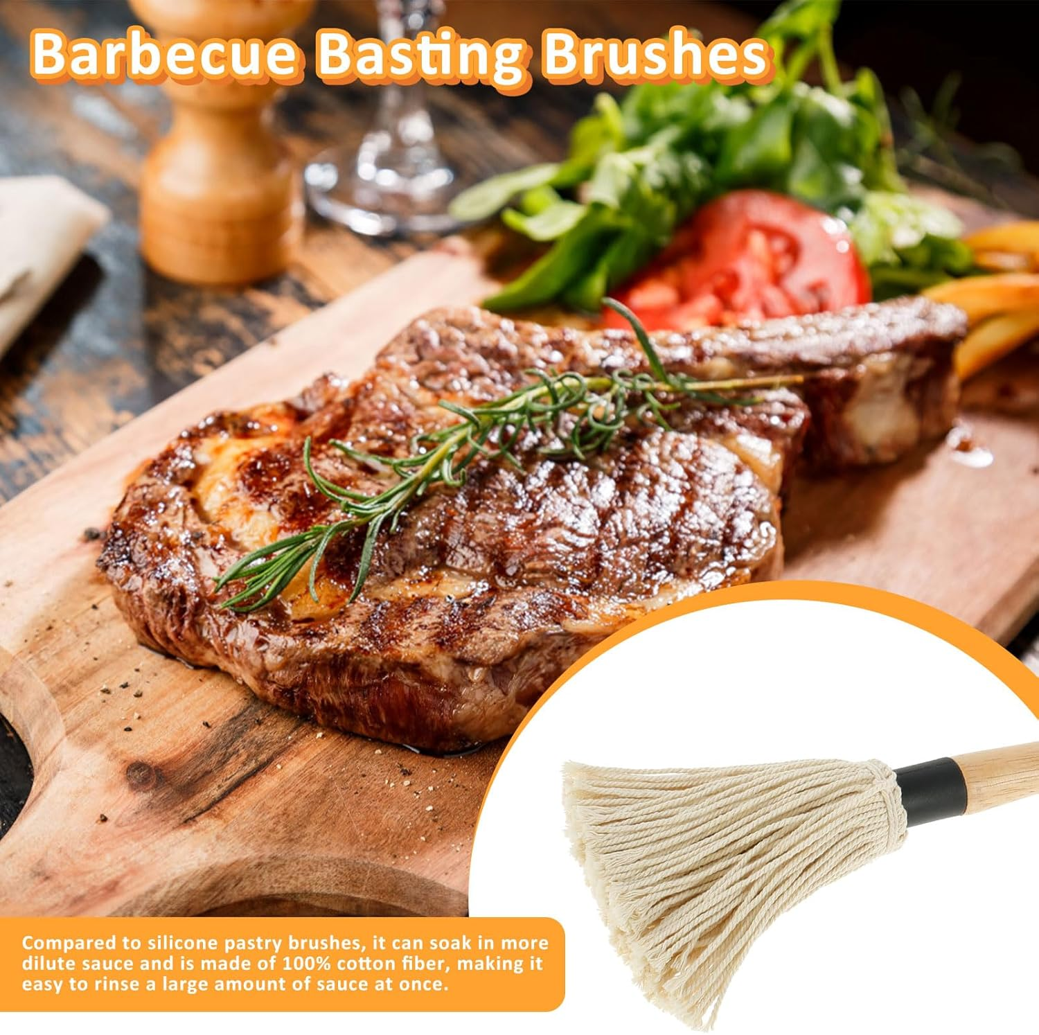 Grill Basting Mop with 4 Cotton Fibers Replacement Heads Barbecue Basting Brushes Wooden Long Handle Reusable Dishwasher Safe Basting Brush for BBQ Sauce Smoking Steak 18.3&times;5.3In image number 1