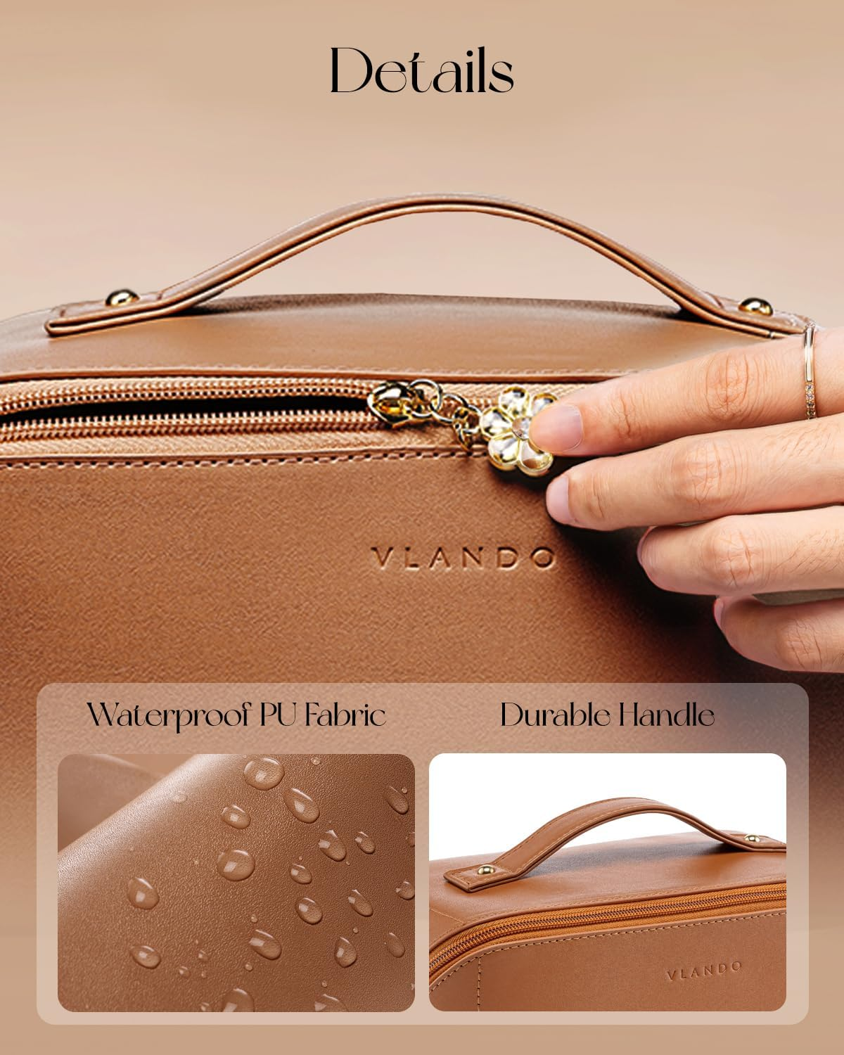 Vlando Travel Makeup Bag,Toiletry Bag for Women PU Leather Open Flat Make up Bag, 02.Brown, Open Flat image number 4