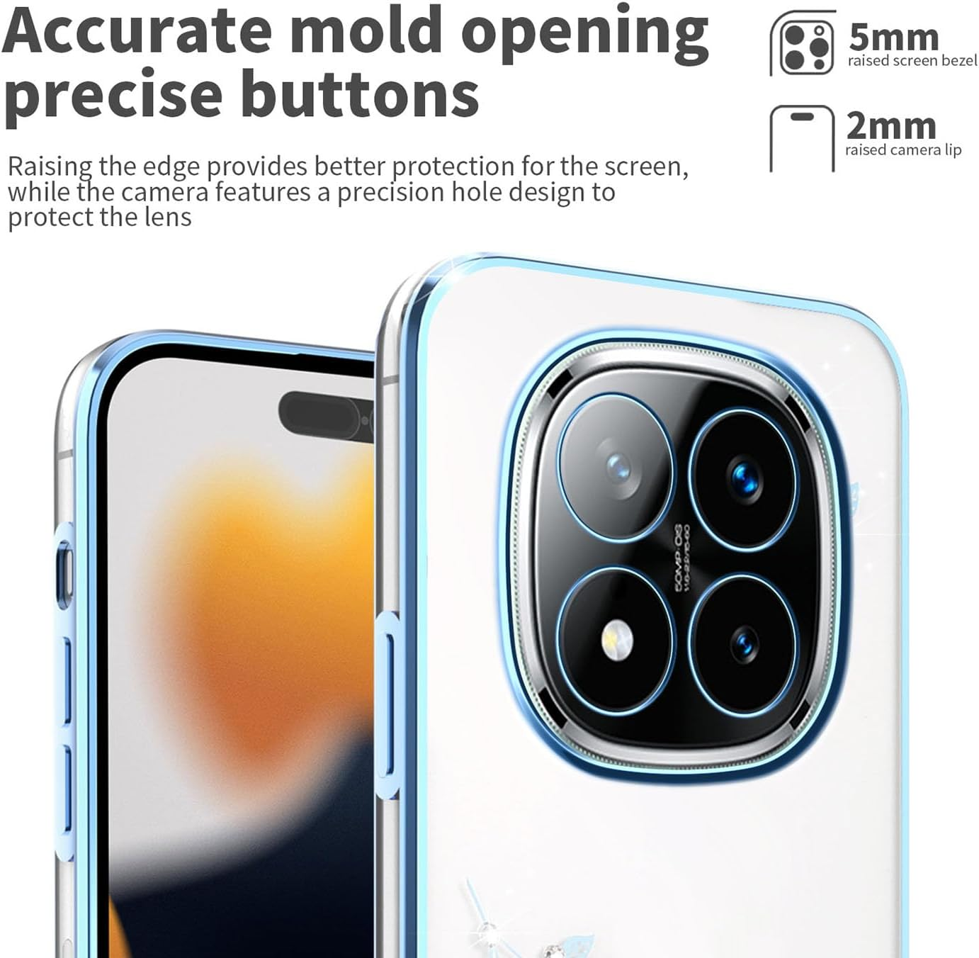 BORYA Case for Xiaomi Redmi Note 14 Pro+ Plus, Shockproof Ultra Thin Transparent Soft TPU Silicone Mobile Phone Case, Elegant Electroplated Glitter Diamond Flower Pattern Protective Case, Blue - Pink image number 6