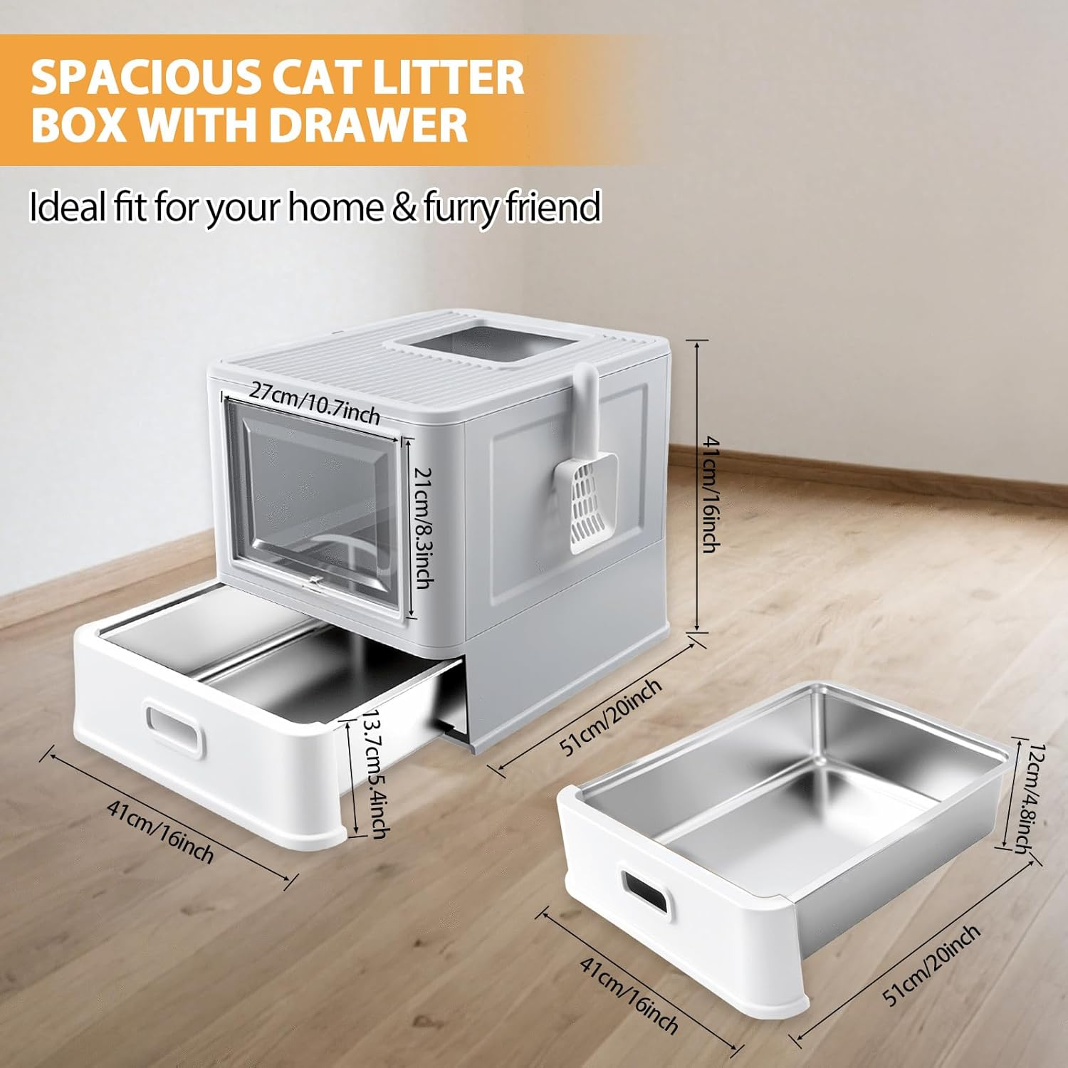 Homegroove Stainless Steel Cat Litter Box with Drawer, XL Foldable Enclosed Kitten Litter Box with Lid for Indoor Cats, Metal Covered Cat Litter Pan with Litter Scoop (Gray) image number 5