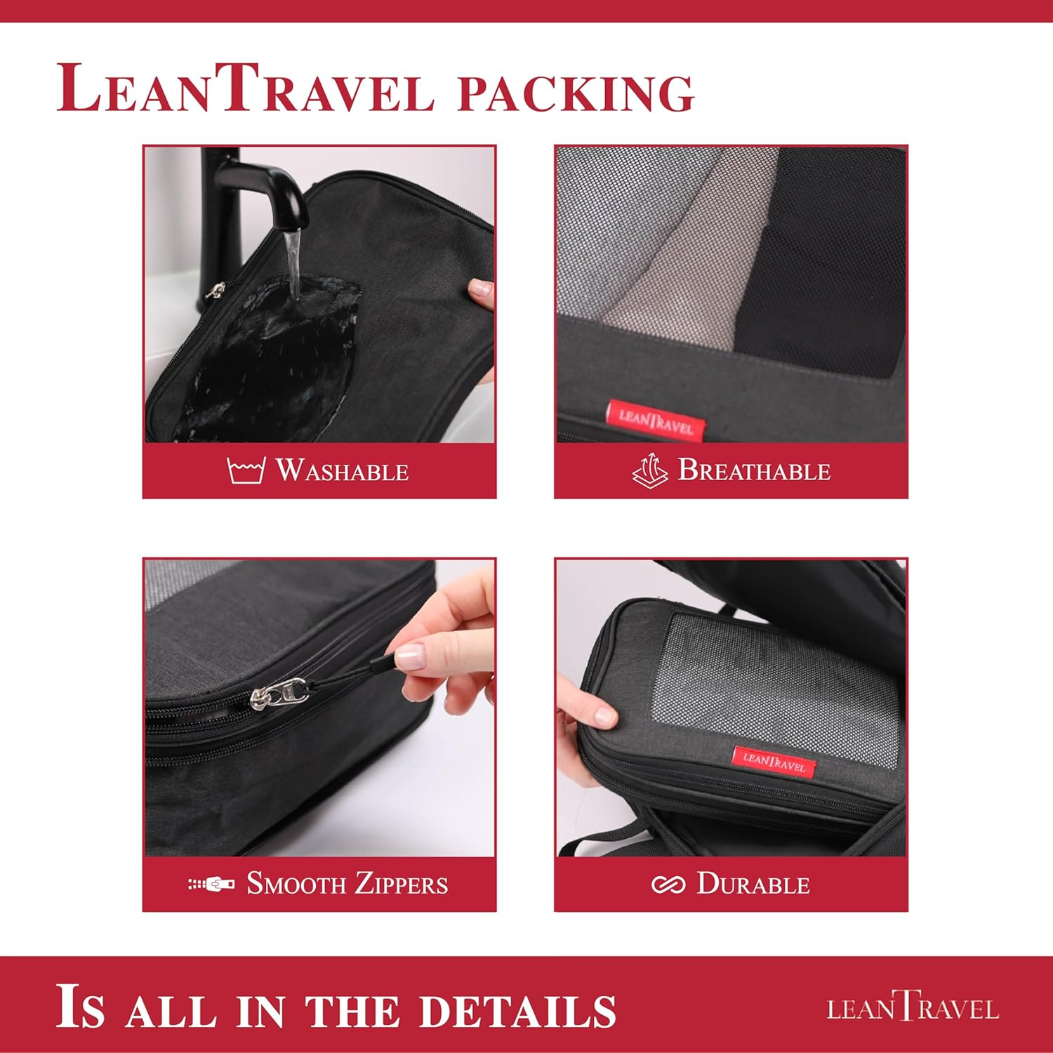 Leantravel Compression Packing Cubes Luggage Organizers for Travel W/Double Zipper (6) Set - Color Black - Grey image number 5
