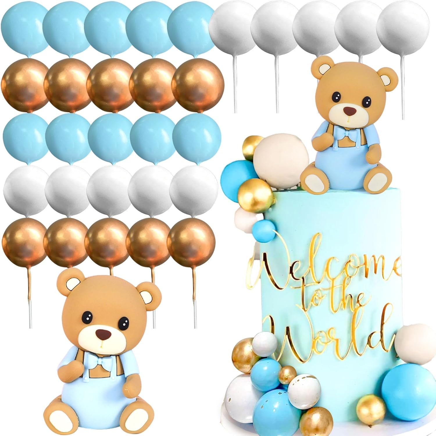 Laventy Teddy Bear Cake Decoration Cake Decoration Baby Shower Boy Cake Decoration Girl Blue Cake Decoration Teddy Bear Cake Decoration for Wedding Baby Shower Birthday Party image number 4