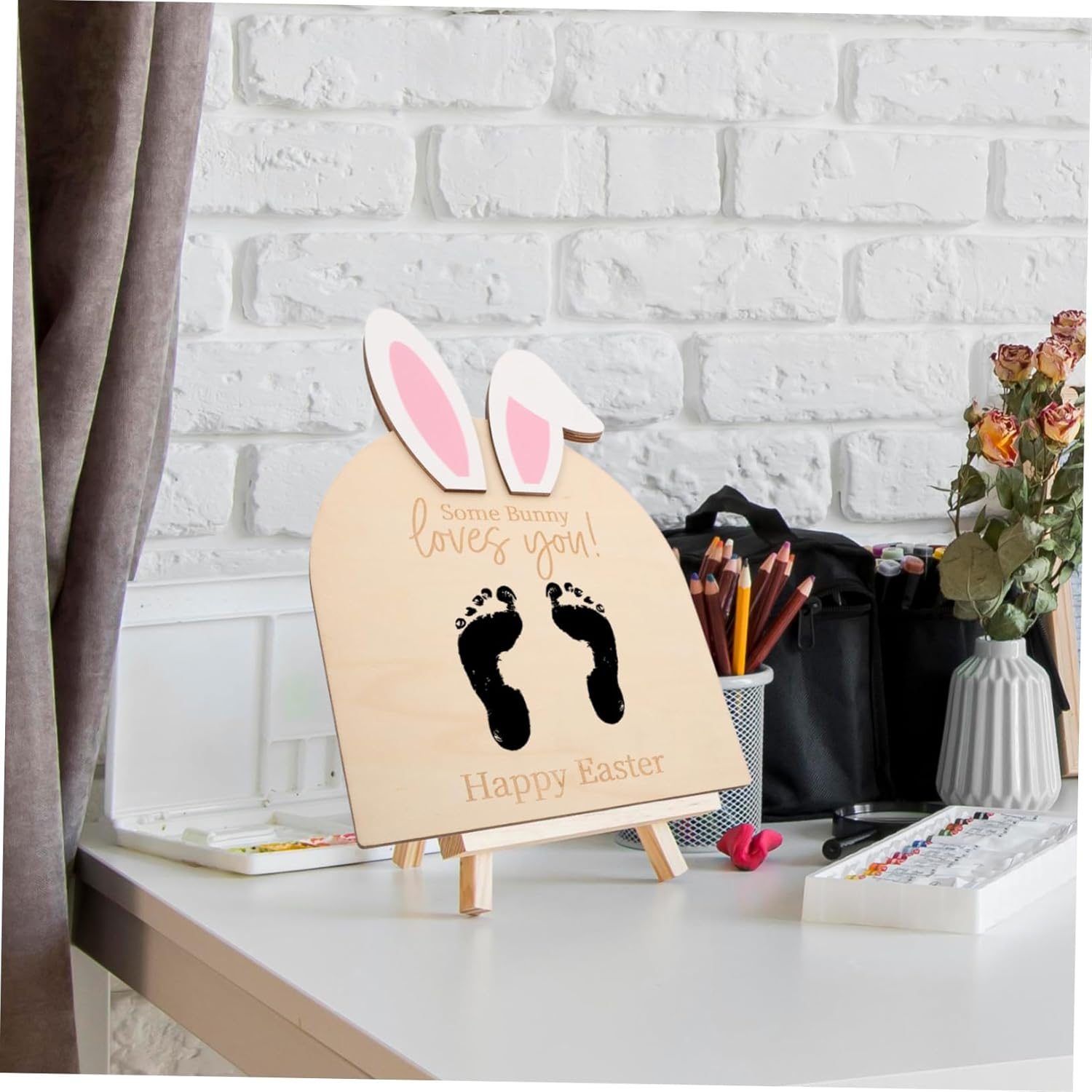 Yardwe Bunny Footprint Keepsake DIY Ornament Durable Wooden Frame for Newborn Hand and Footprint Plaque Decor for First Easter and Shower Memories