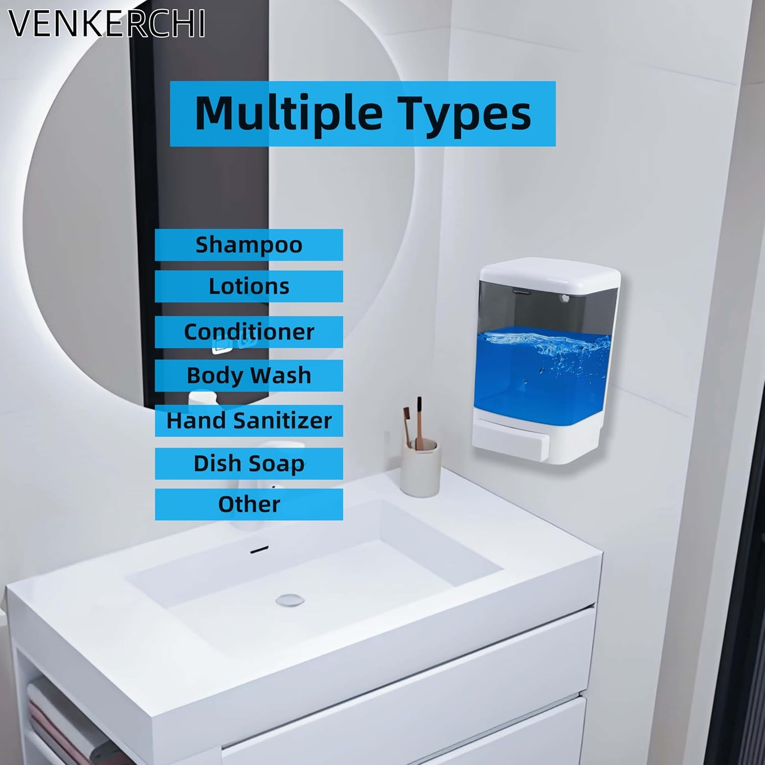 Manual Soap Dispenser Kitchen Bathroom Hand Wall Mounted Dispensers Commercial for Liquid Containers Shampoo Gel Chamber Plastic - 1000Ml(33.8 Oz) image number 5