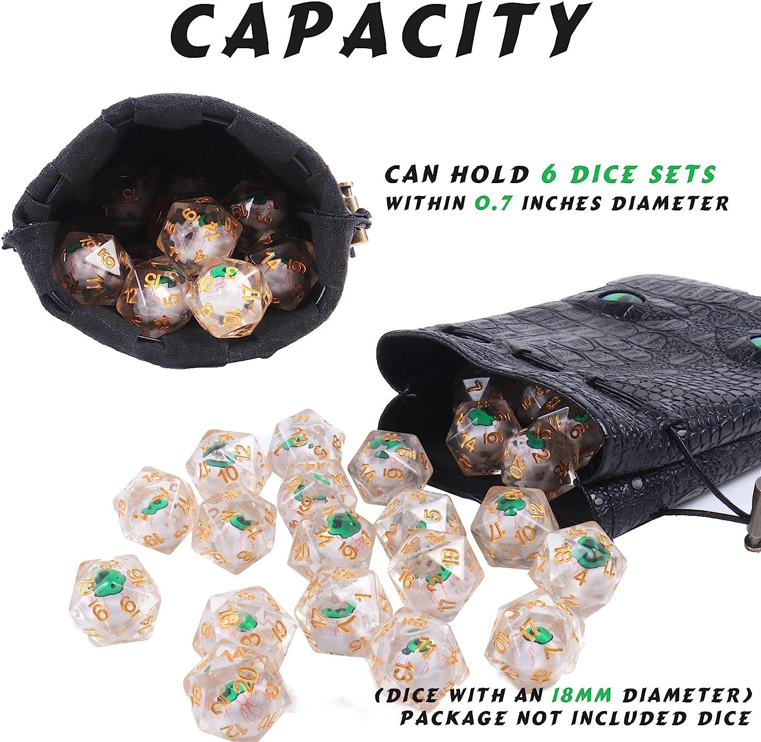 Black DND Dice Bag, DND Dice Bag with Green Eys Can Hold 6 DND Dice Sets, Fire Dragon Leather Coin Bag, Glows Green Light in Eyes, Suitable for DND, Fantasy RPG Game Accessories, Dice Not Included image number 3