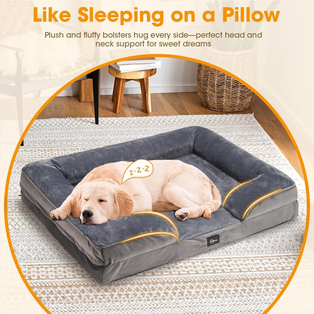 Petzly Orthopedic Dog Bed with Sides &ndash; Soft Dog Sofa Bed for Small & Medium Dogs with Plush Egg-Crate Foam, Removable Washable Cover, Medium(71X58X18Cm), Grey