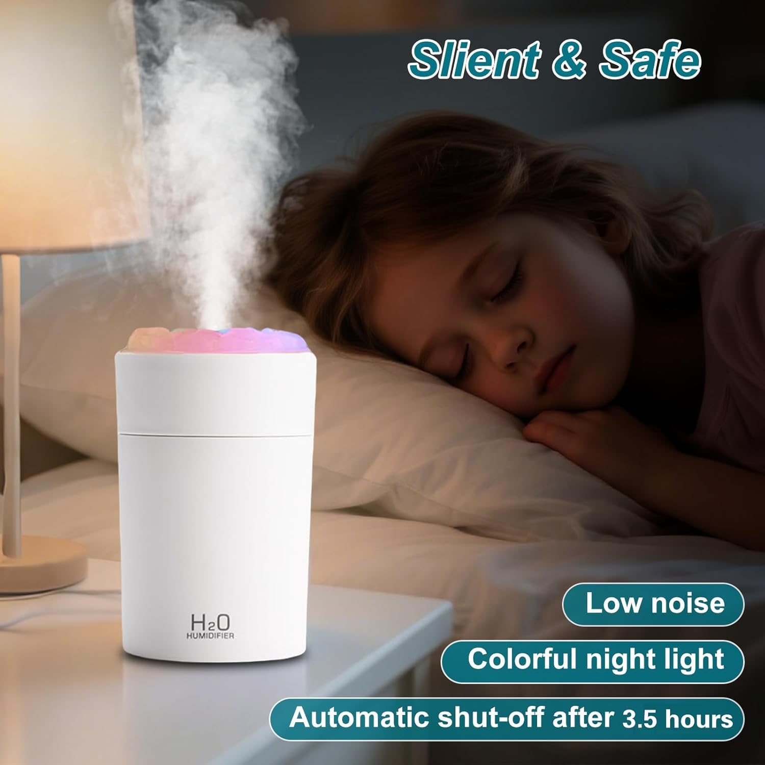 Air Humidifiers for Bedroom, Portable Mini Humidifier with 7-Color Night Light, Essential Oil Diffuser USB Cool Mist Humidifier, Auto Shut-Off, 2 Mist Modes, for Car, Office, Bedroom (220Ml, White) image number 5
