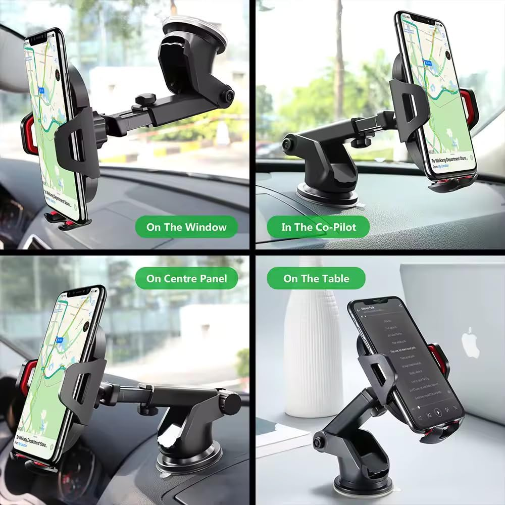 Kitzen Car Phone Holder 4 in 1 Mobile Mount with Cup Holders & Hook Clip for Windshield, Dashboard & Air Vent with 360 Degree Adjustable Strong Arm, Compatible with Iphone, Samsung & Other Devices image number 2