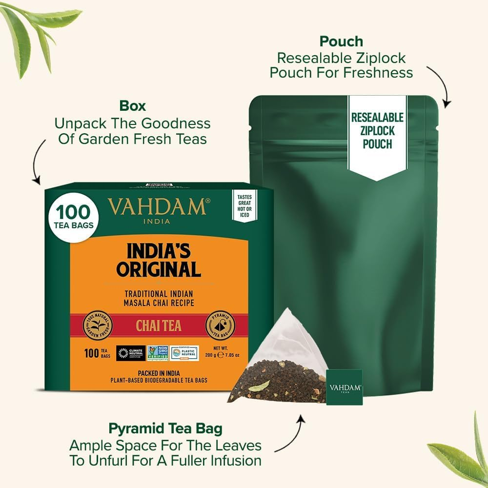 VAHDAM, India'S Original Masala Chai Tea Bags (100 Count) Non GMO, Gluten Free, No Added Flavoring | Blended W/Savory Exotic Spices | Whole Loose-Leaf Tea Bags | Resealable Ziplock Pouch