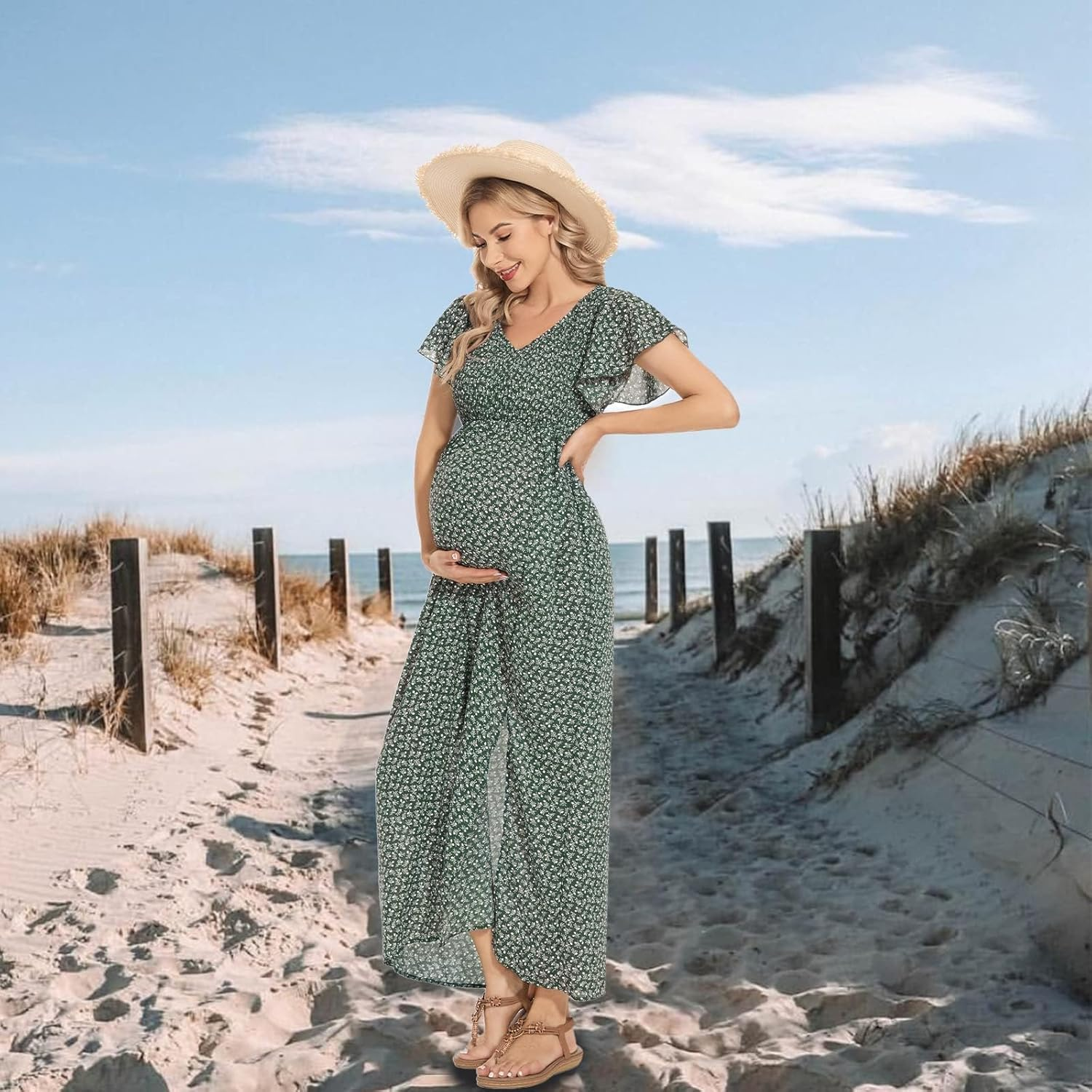 Floral Print V Neck Maternity Dress, Photoshoot Baby Shower Flutter Sleeve Smocked Boho Split A-Line Maxi Dresses