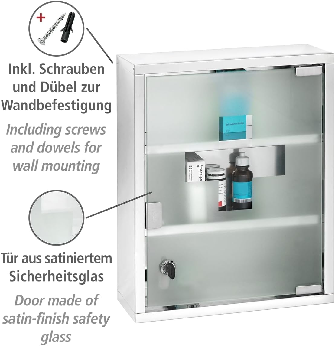 Wenko 22924100 Chest-Medicine Cabinet, Lockable, Stainless Steel, Silver Shiny, 12 X 30 X 40 Cm image number 3
