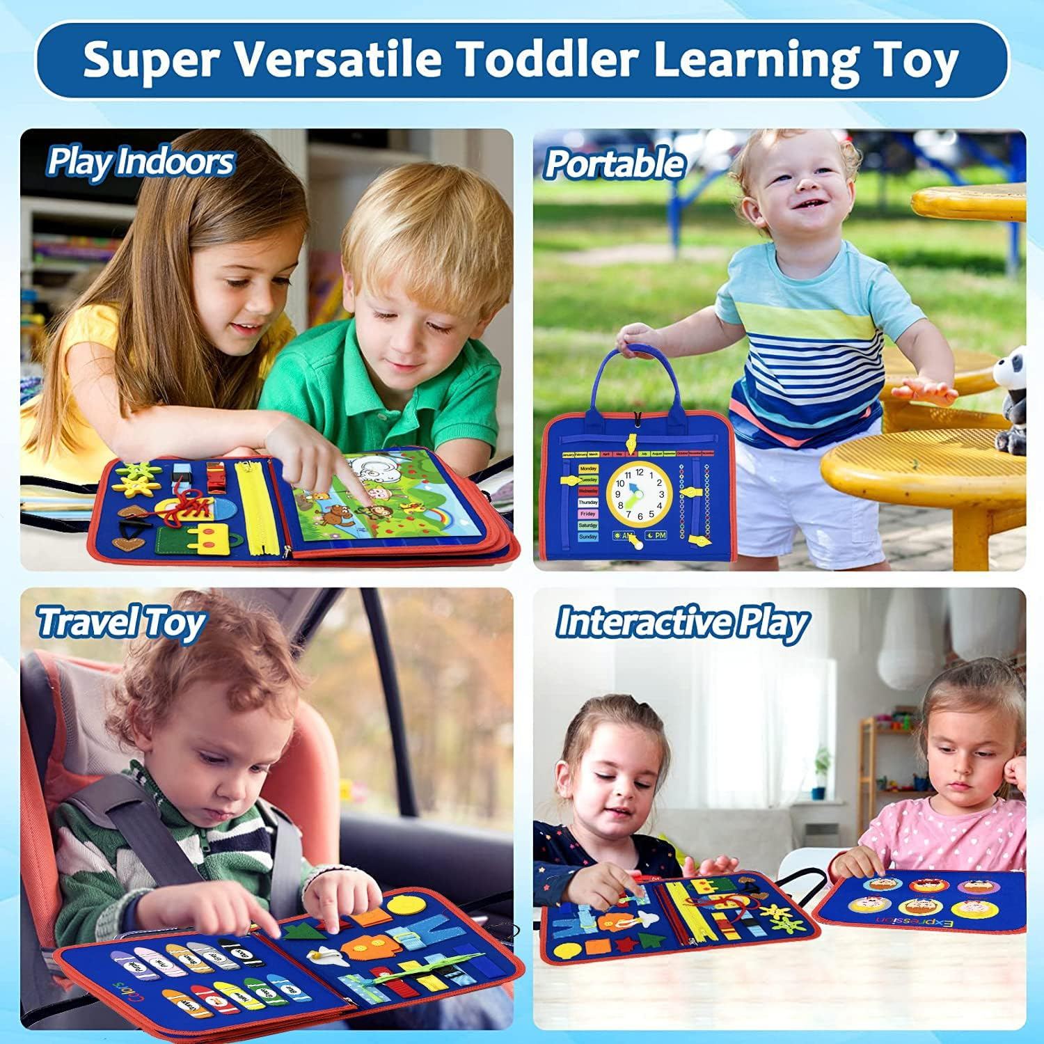 Busy Board, Toddler Travel Toys, Quiet Book, Sensory Toys for Toddlers 2 3 4, Montessori Toys for Toddler Activities Board, Educational Toys for 2 Year Old Girls Boys Gift (Blue)