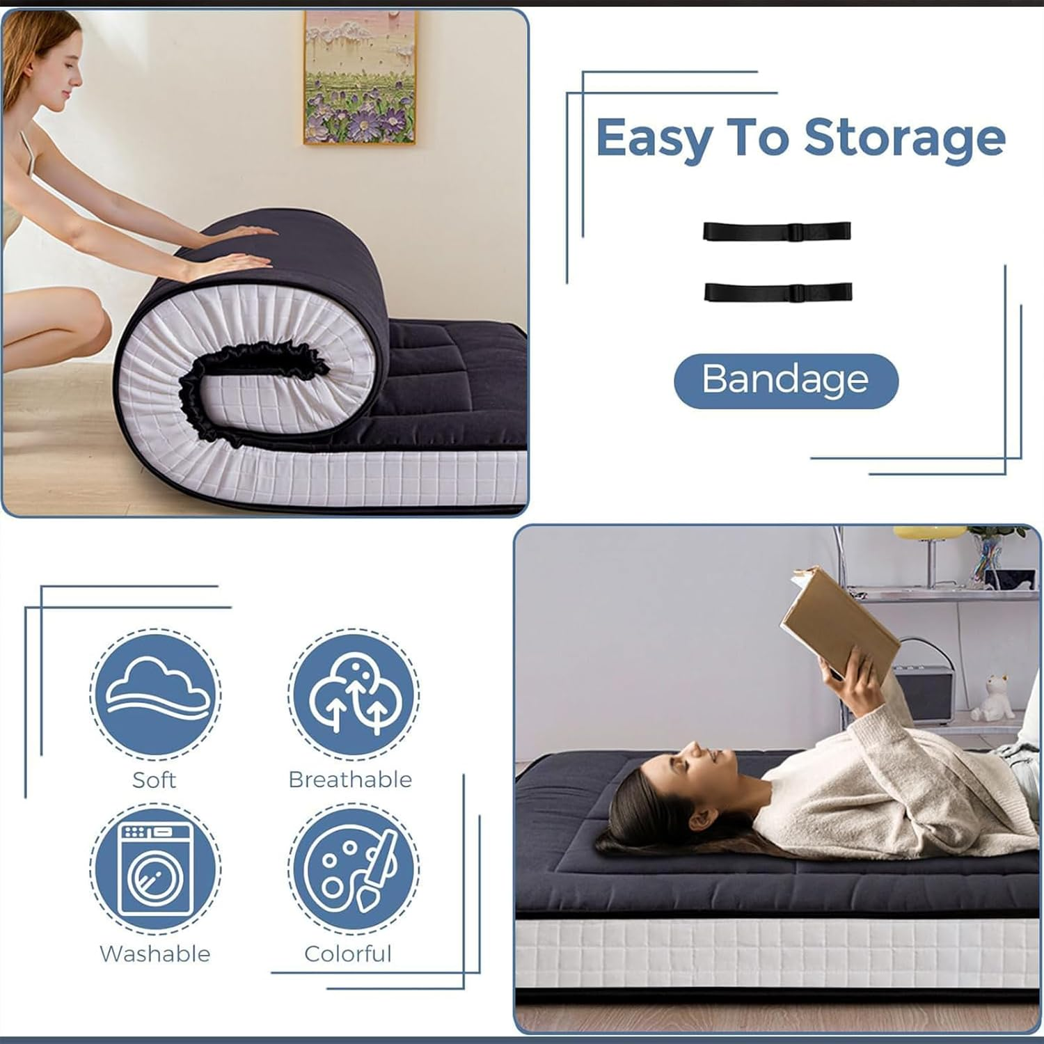 LIODUX Japanese Floor Mattress Futon Mattress, Thicken Daybed Futon Sleeping Pad, Foldable Roll up Mattress, Dormitory Mat Pad Floor Lounger Bed Couches & Sofas (Full) image number 3