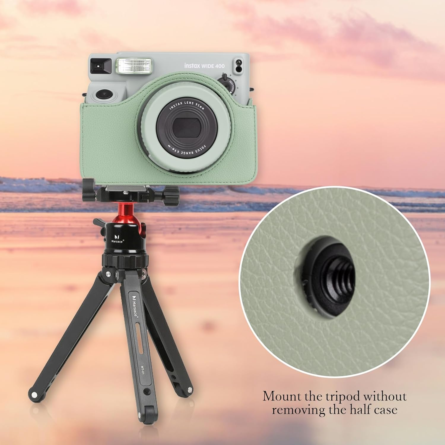 Rieibi Camera Case Compatible with Instax Wide 400，Carrying Case for Fujifilm Instax Wide 400 Instant Camera，Retro PU Leather Camera Bag，Protective Case with Shoulder Strap - Green image number 5