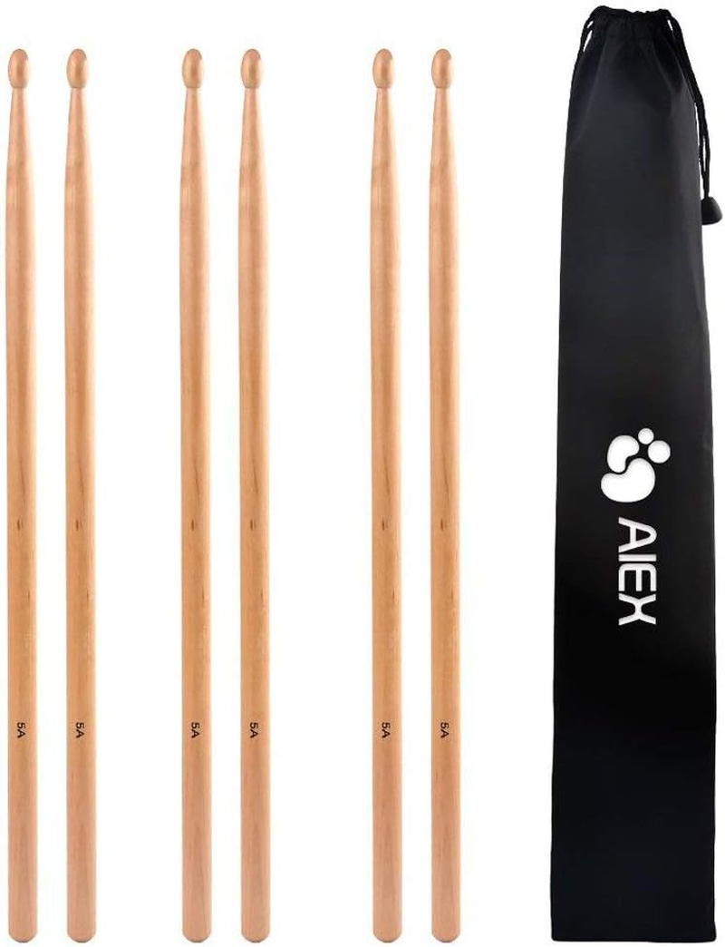 5A Drumsticks AIEX 3 Pair Drum Sticks Classic Maple Wood Drumsticks Wood Tip Drumstick for Students and Adults (With Waterproof Bag) image number 3