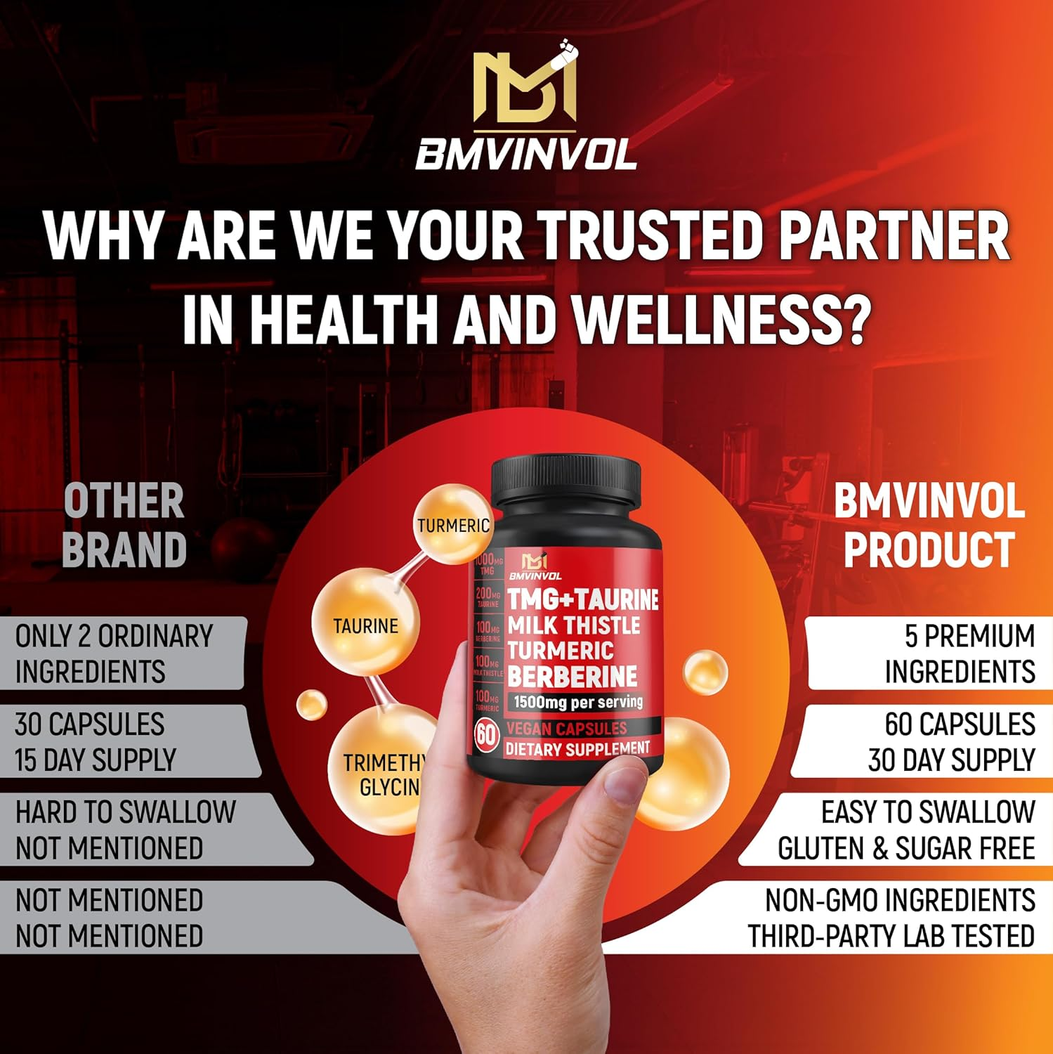 TMG Trimethylglycine Supplement with Taurine, Berberine, Milk Thistle, Turmeric - 60 Vegan & Non-Gmo image number 6