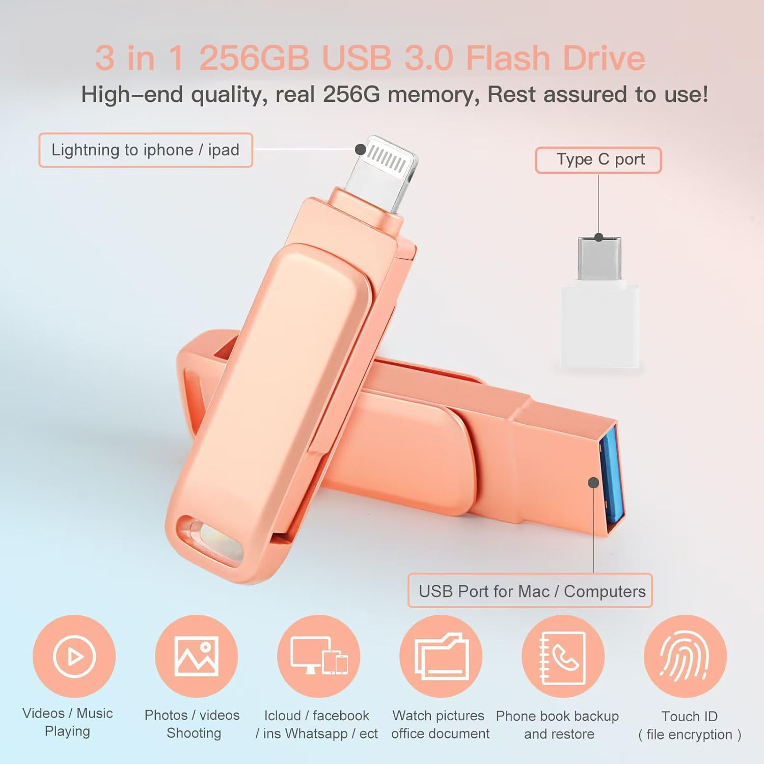 Phone Photo Stick,Mfi Certified USB Flash Drive,3 in 1 256GB USB3.0 Flash Drive Iphone Photo Stick USB Memory Stick Thumb Drive for Iphone 16/15/14/13/12/11/X/Xs/Pc/Ipad/Usb C Flash Drives(Pink) image number 1