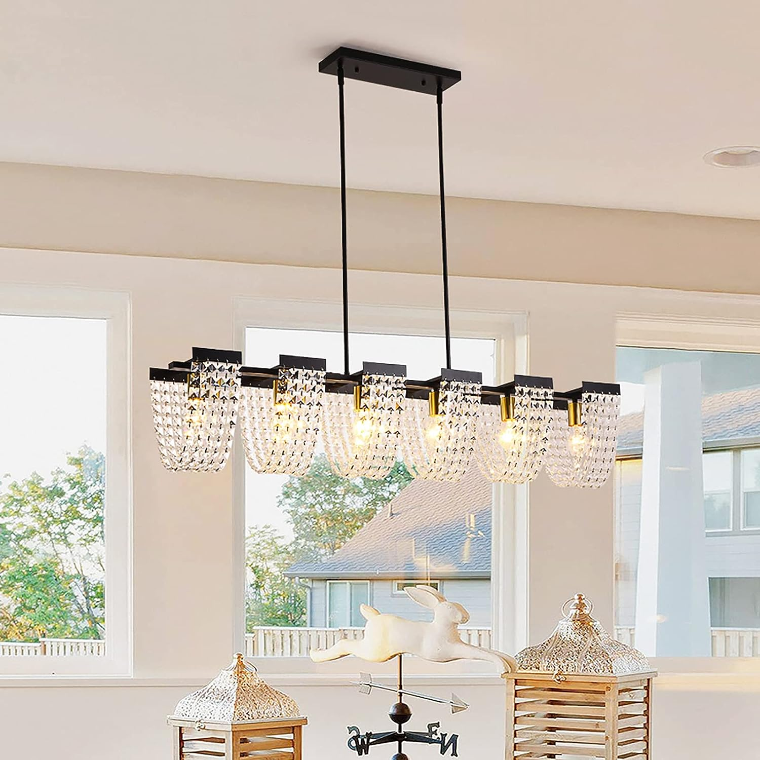 Ganeed 6-Light Kitchen Island Lighting, Farmhouse Crystal Chandelier Vintage Linear Pendant Light Fixture for Dining Room Living Room (E27 Bulbs, Not Included) - 40W/Dimmable image number 5