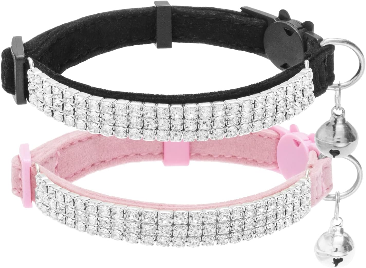 EXPAWLORER Soft Velvet Safe Cat Collars for Girl Cats -2 Pack Rhinestones Bling Diamante Adjustable Collars - Cat Collar Breakaway with Bells for Boy Cats Kitty and Small Dogs