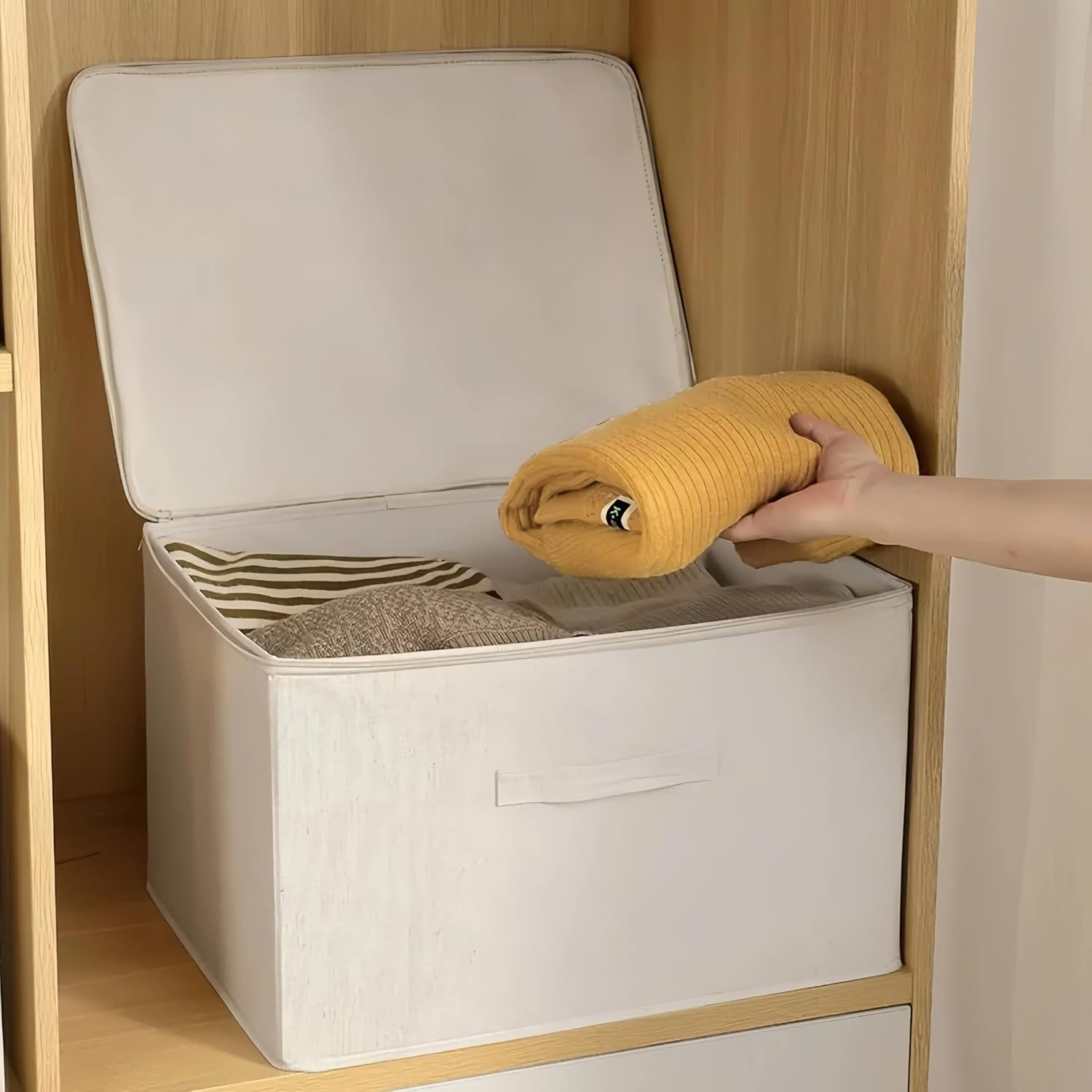 41L Large Fabric Storage Bins with Lids 45 * 35 * 26Cm, 2-Pack Storage Baskets for Closet, Large Linen Organizers and Storage Bins for Bedroom, Collapsible Baskets and Bins with Handles, off White image number 3