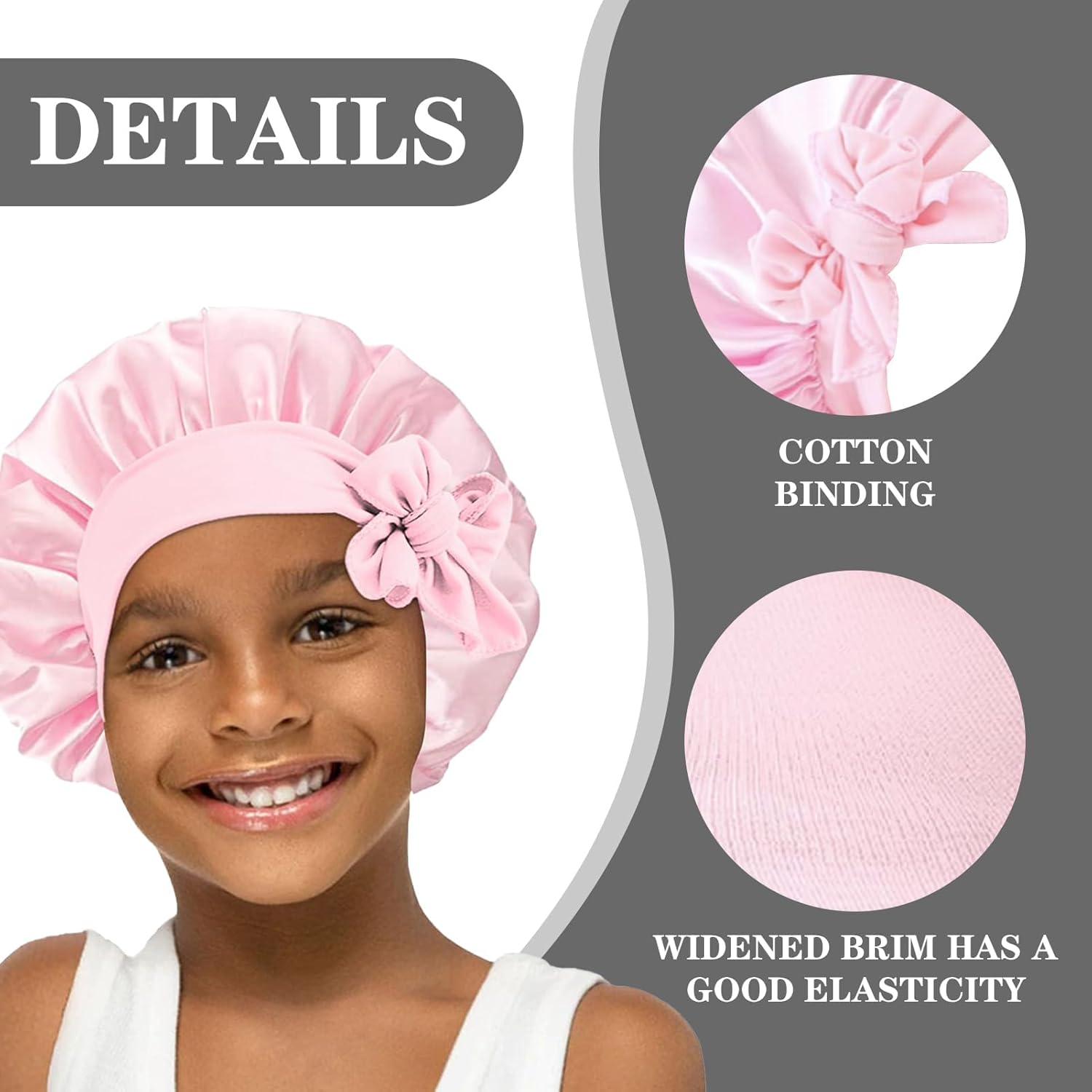 3 Pack Kids Satin Bonnet for Sleeping Baby Hair Bonnets for Curly Hair Girls Boys, Silk like Sleep Cap with Wide Elastic Band, Toddler to Teen Pink, Black, Light Blue image number 1