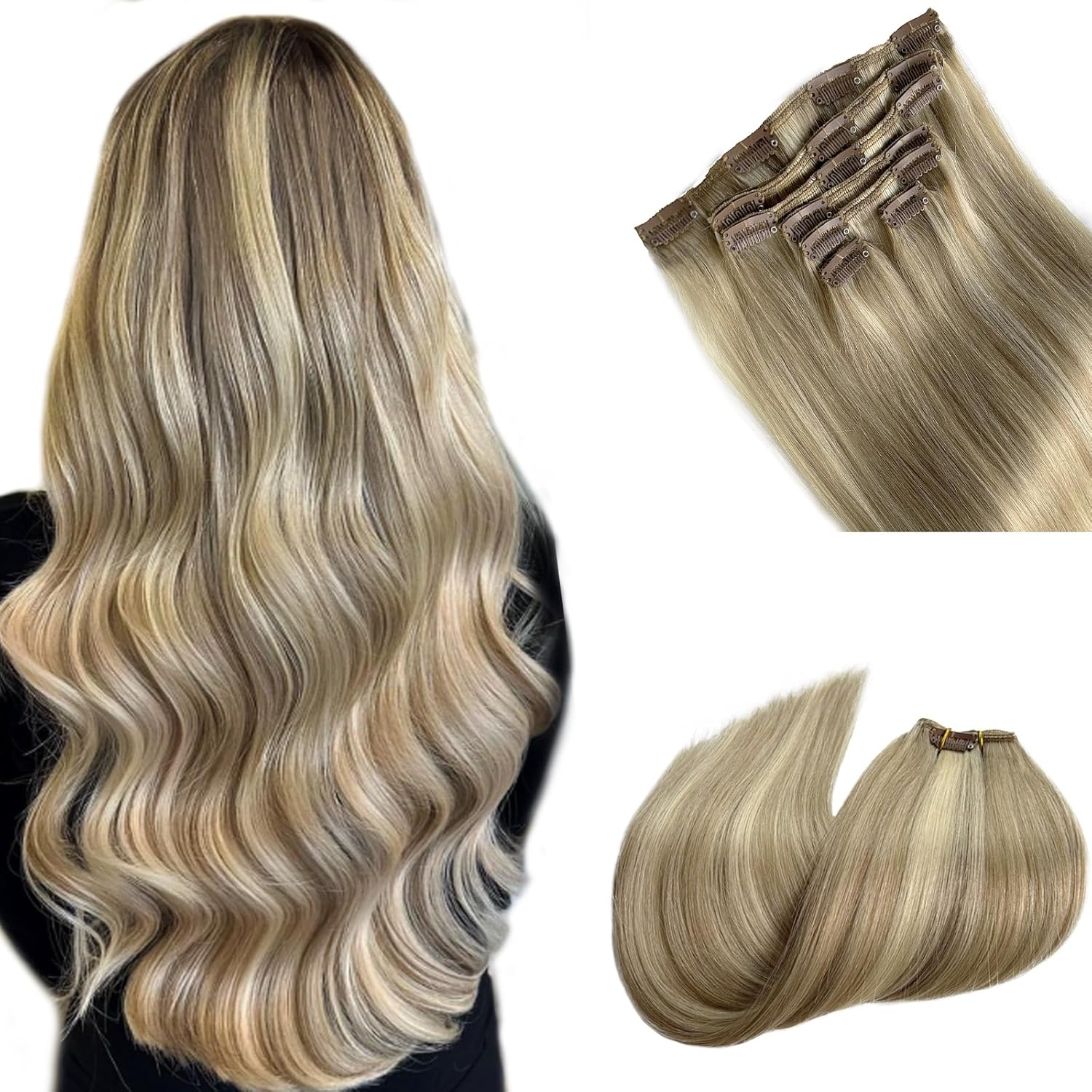 Hair Extensions Clip Ins Remy Human Hair Beige Blonde with Bleach Blonde Clip in Human Hair Extensions for Women 70Grams(18/613, 15")