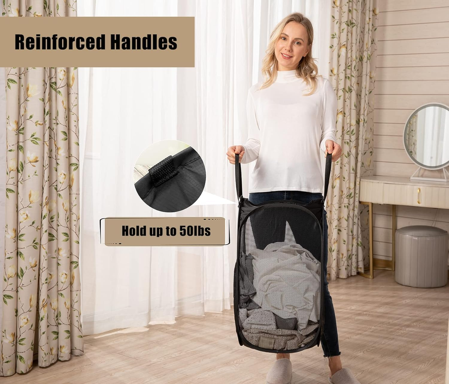 Str-Reinforced Mesh Pop-Up Laundry Hamper-Quality Laundry Basket with Handles Solid Bottom High Carbon Steel Frame, Easy to Open and Fold Flat for Storage, College Dorm or Travel image number 4