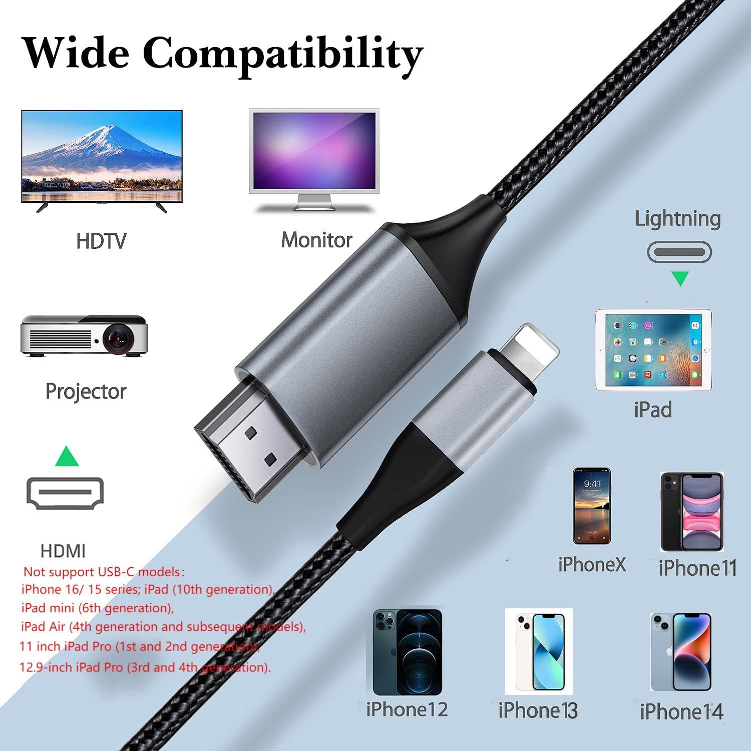 Lightning to HDMI Adapter &bull; HDMI Cable for Iphone to TV &bull; Compatible with Iphone14, 13, 12, 11 & Youtube to TV Output &bull; with 1080P HD Display &bull; Sync Video and Sound &bull; Just Plug and Play &bull; 6.6FT, Grey image number 5