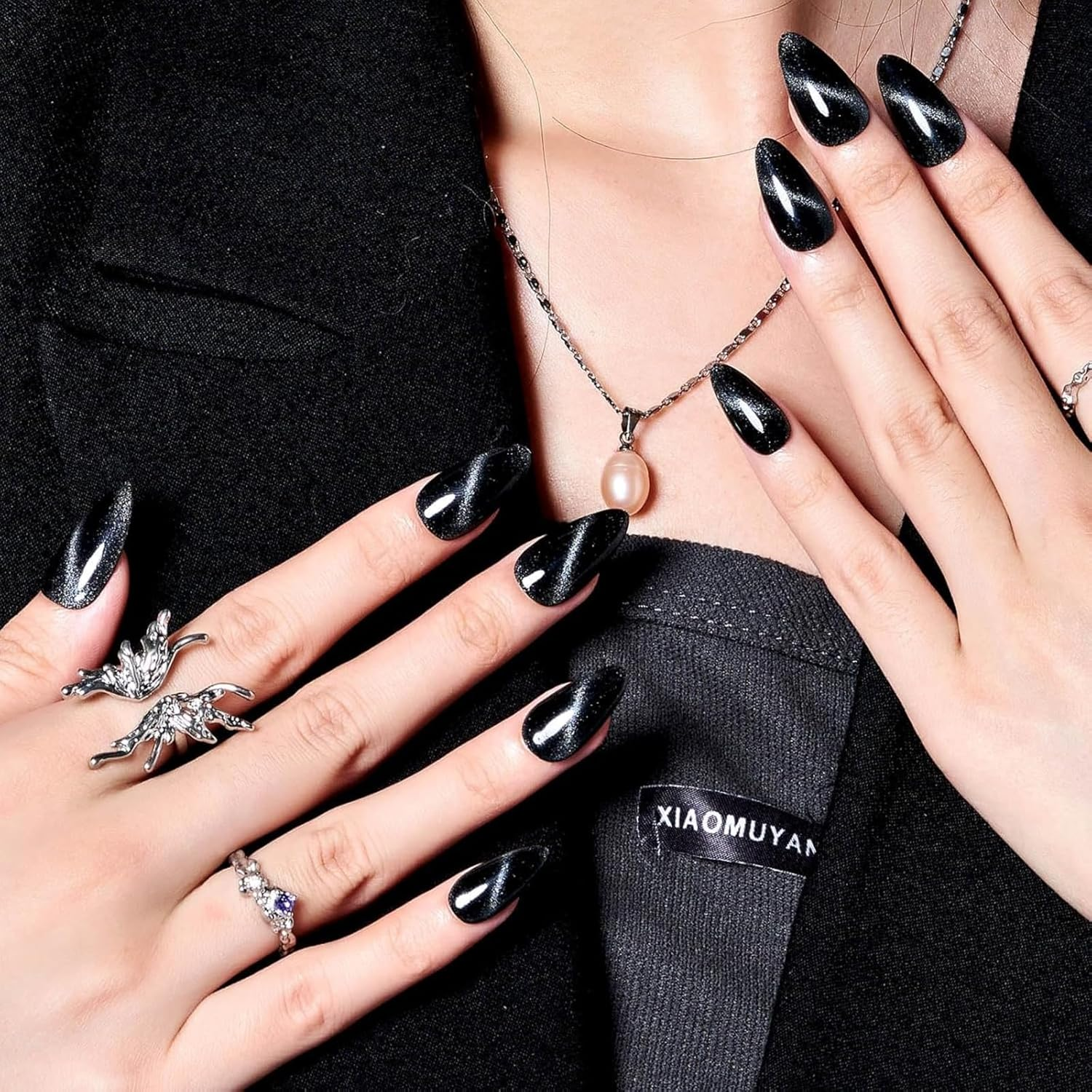 Artisan Elegance Press-On Nails - Premium Handmade Nylon Nails with Gel-Like Shine, Reusable False Nails with Adhesive Tabs, Trendy French Tip & Glitter Designs, 24 Sizes Kit (Black-1Pcs) image number 5