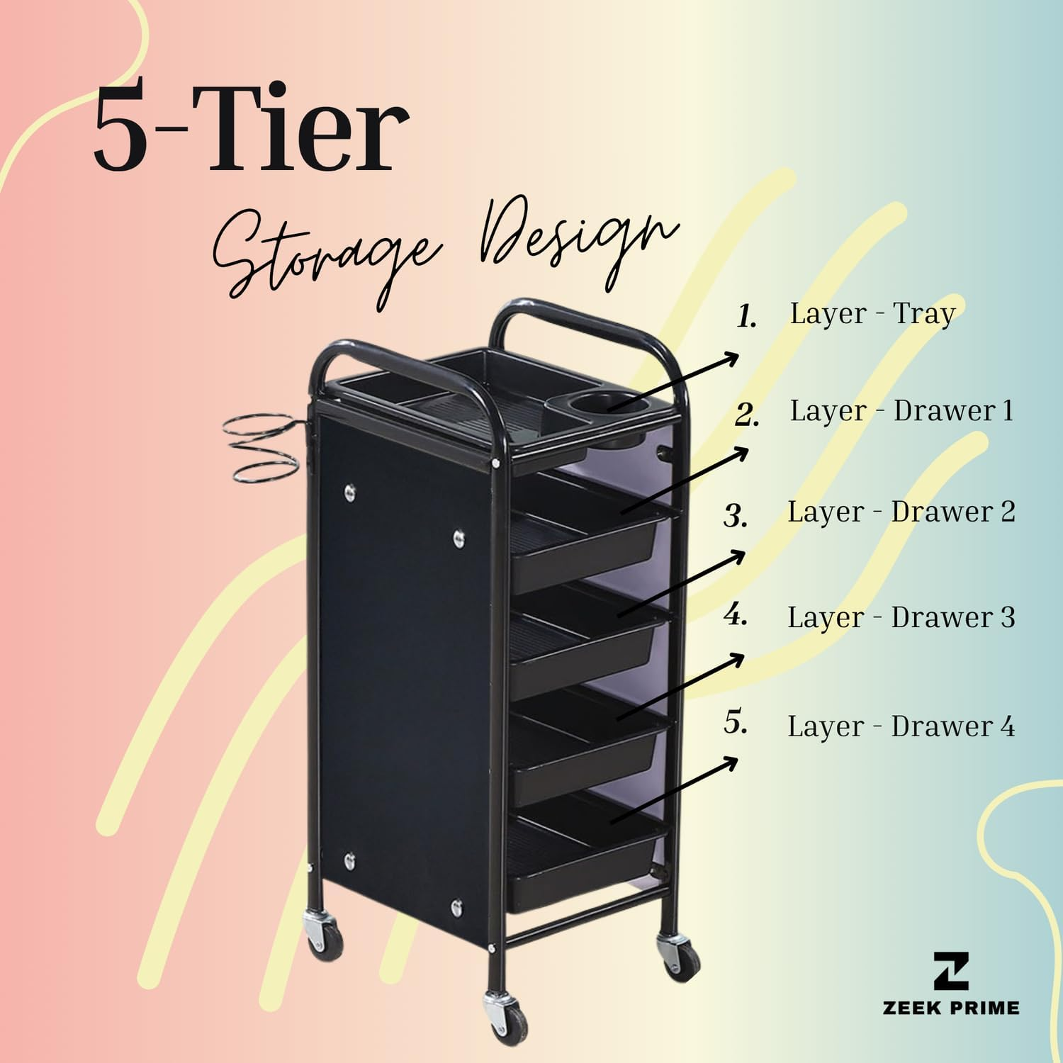 ZEEK PRIME - Hairdressing Trolley with 5 Layers &ndash; Rolling Salon Cart Organizer with Metal Frame, Lockable Wheels & Deep Storage Trays | Black Mobile Beauty Station for Hair Stylists, Barbers. image number 2